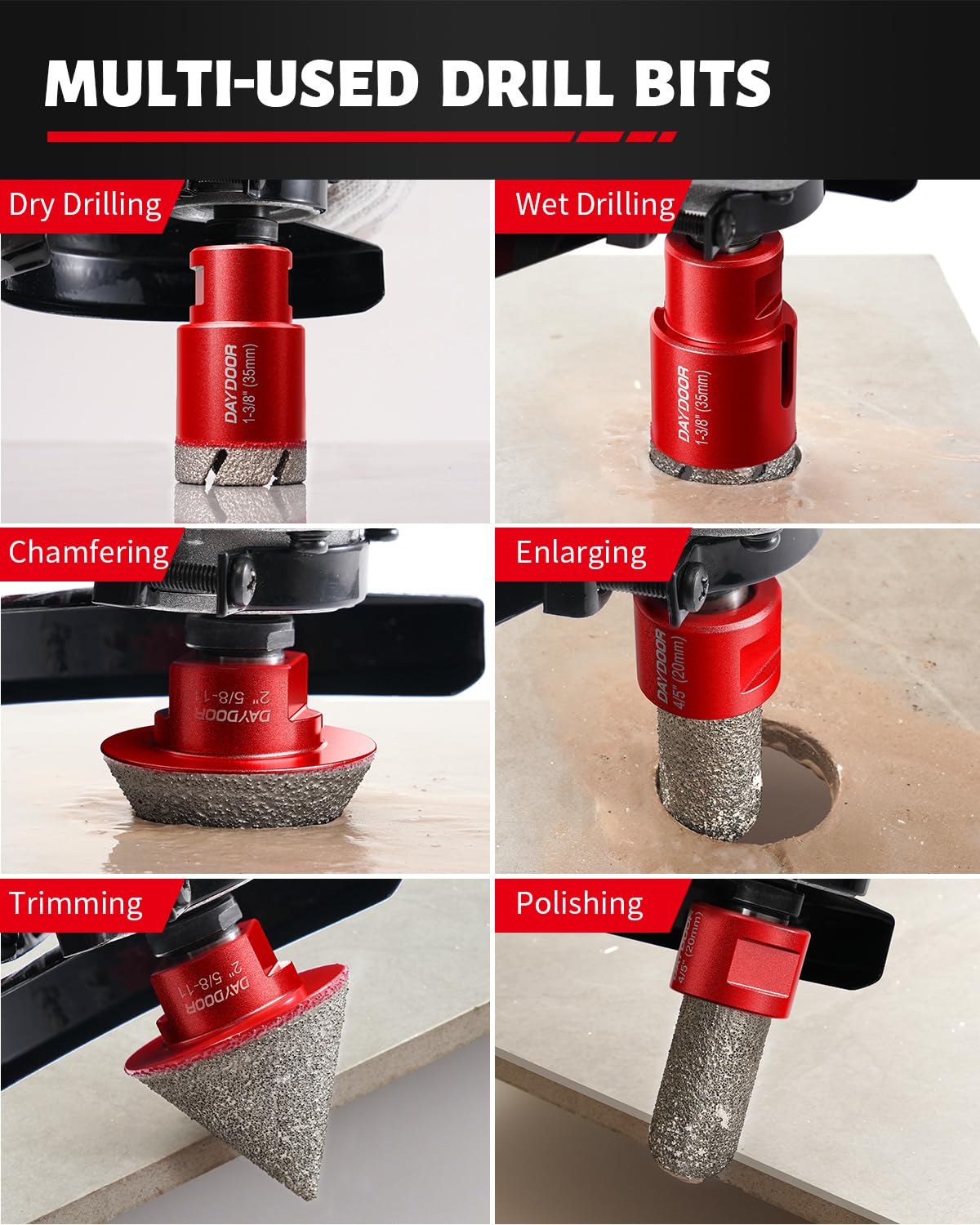 DAYDOOR Diamond Hole Saw Kit, 15-Piece Tile Hole Saw Kit 1/4" 5/16" 4/5" 1" 1-3/8" 2" 3" 4",Vacuum Brazed Core Drill Bits for Porcelain Tile, Granite, Marble, Stone(Red)