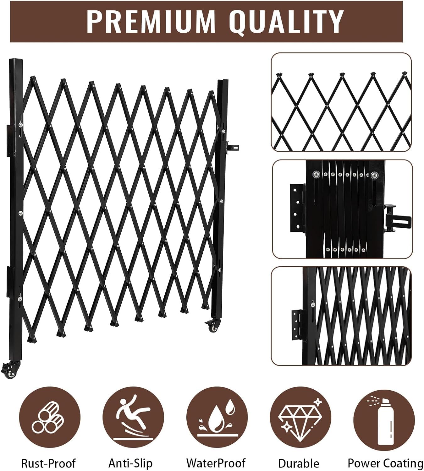 Garvee 85" H x 95" W Single Folding Security Gate, Steel Expandable Fence with 360° Rolling Wheels for Courtyard, Garage, and Garden Access Control