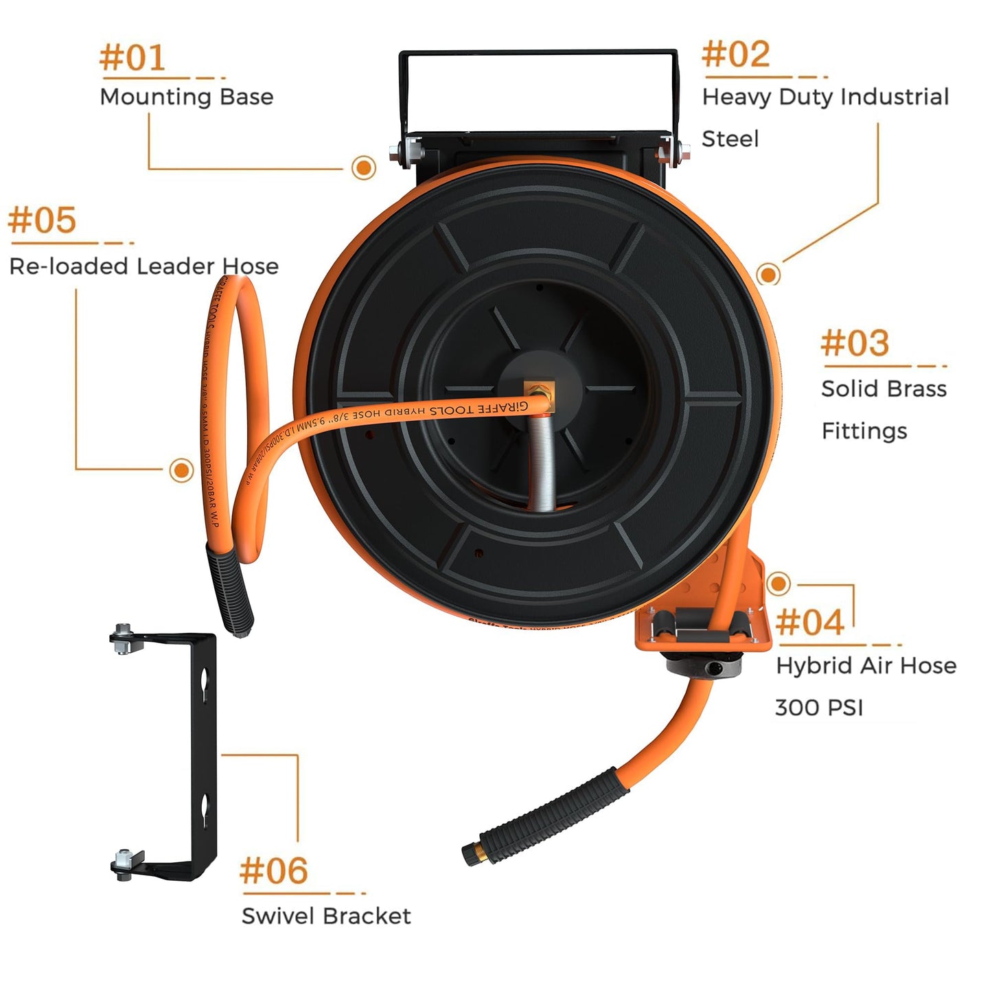 Giraffe Tools Retractable Air Hose Reel, 3/8" Hybrid Hose, Air Compressor Heavy Duty Steel Reel Auto Rewind 300PSI, Wall Mount with Swivel Bracket, 50ft