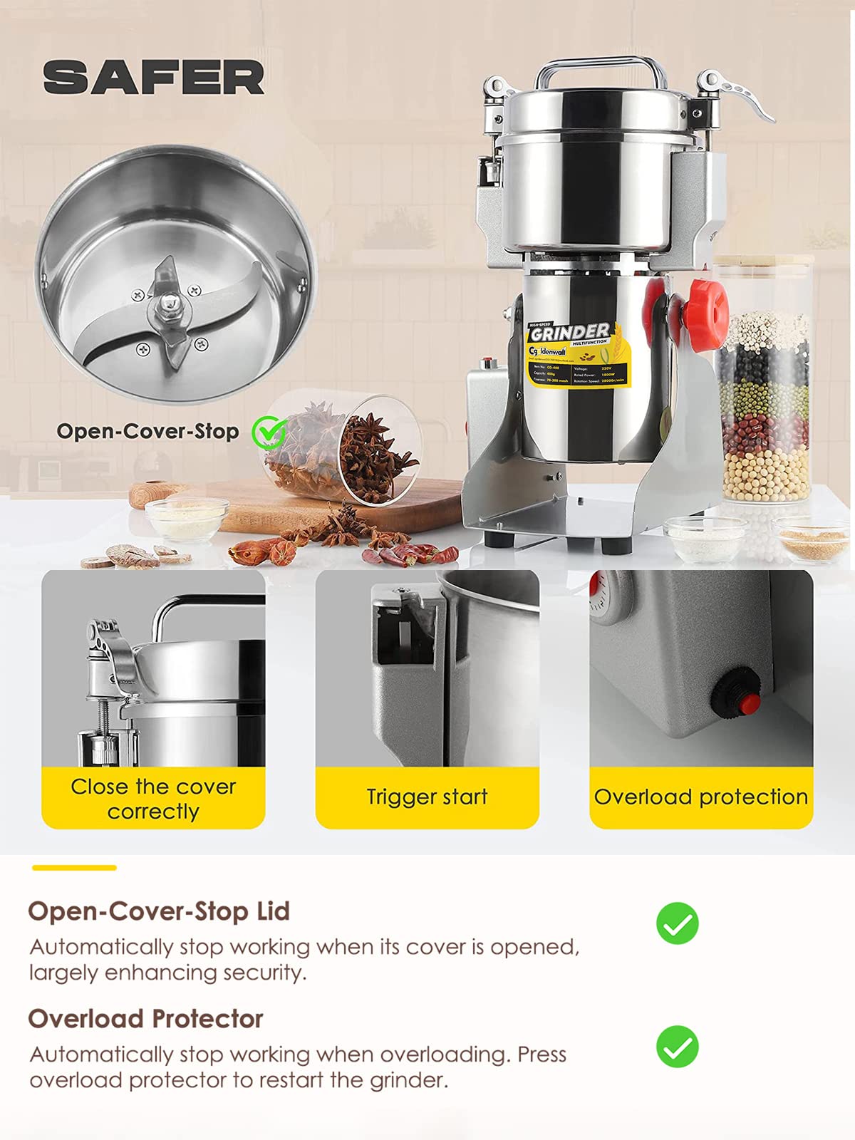CGOLDENWALL 700g Electric Grain Grinder Mill Safety Upgraded 2400W High-speed Spice Herb Grinder Commercial Superfine Grinding Machine Dry Cereals Pulverizer CE 110V (700g Swing Type)
