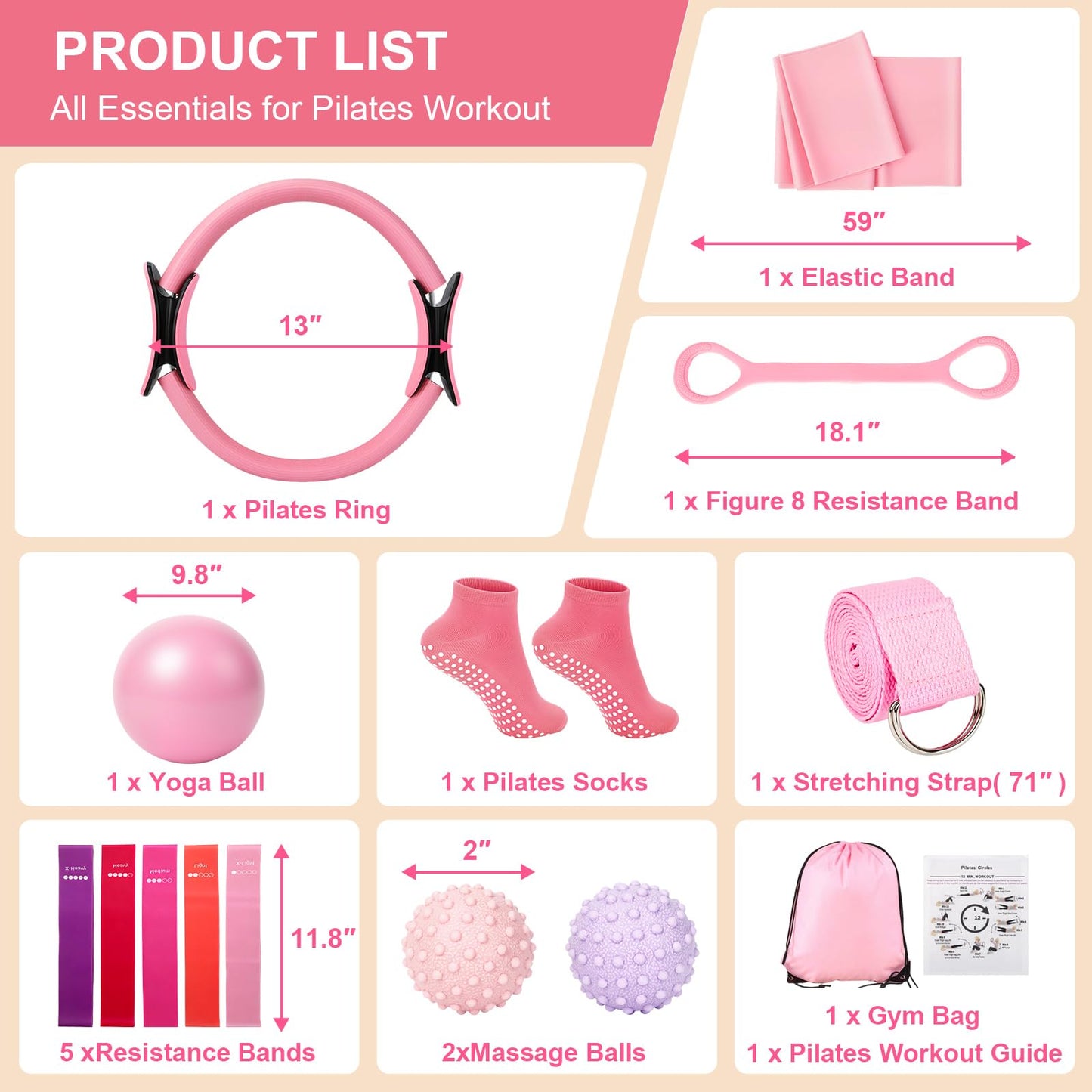 BYYNNE Home Pilates Kit for Women - 14 Pcs Pilates Equipment Set with P-ilates Ring and Ball, 5 Resistance Bands Etc Accessories for Beginners Home Workouts - Includes Workout Guide (Pink)