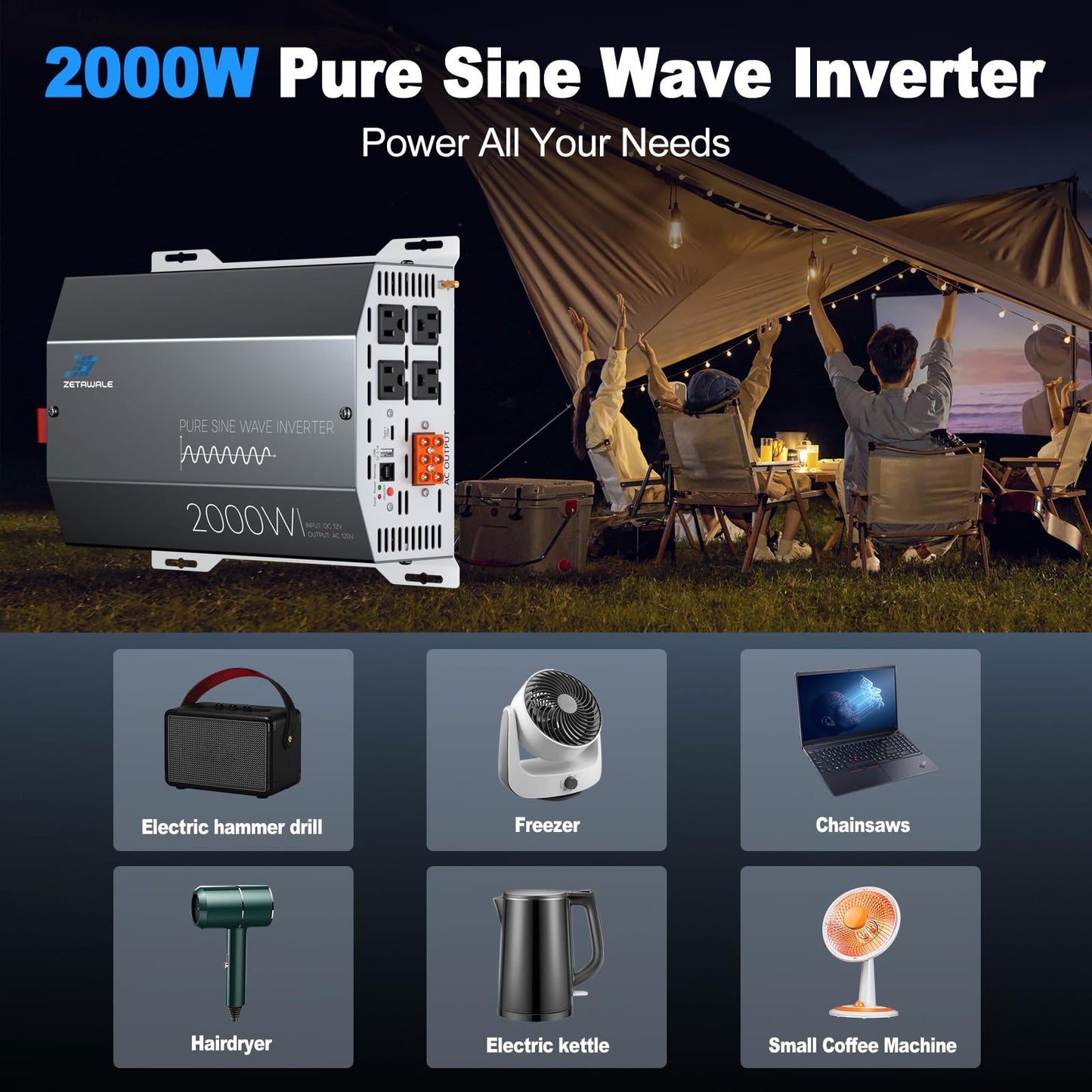 2000 Watts Pure Sine Wave Inverter 12V DC to 110V/120V AC Converter, 4000W Peak, LCD Remote Control, 4 AC Outlets, USB & Type-C – for RV, Truck, Off-Grid Solar, Emergency Power Backup