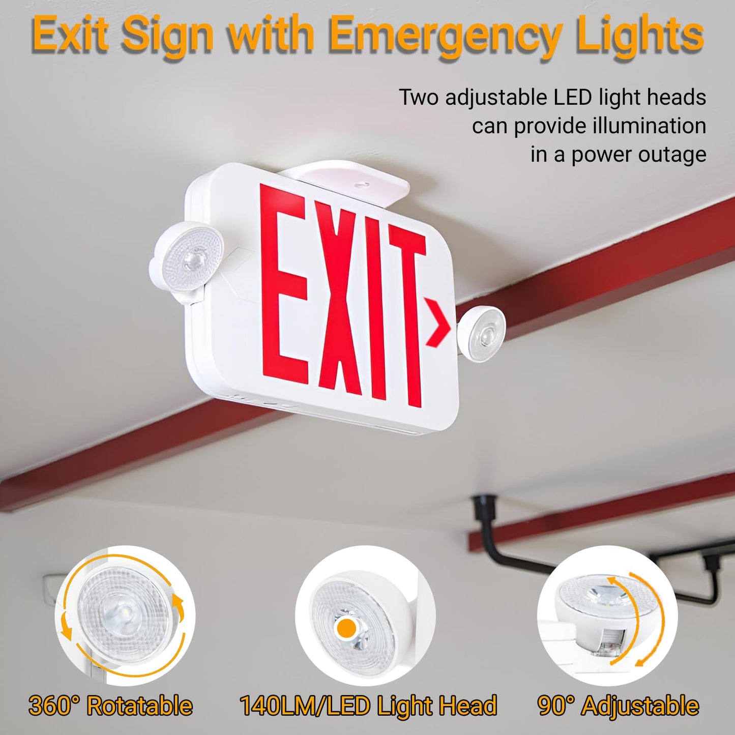 LIT-PaTH LED Combo EXIT Sign with 2 Adjustable Head Lights and Double Face, Back Up Batteries- US Standard Red Letter Emergency Exit Lighting, UL 924 and CEC Qualified, 120-277 Voltage, 2-Pack