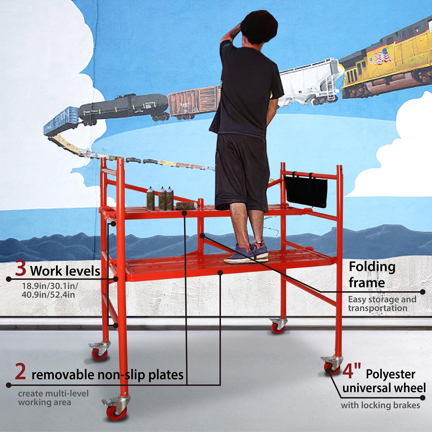 LEADALLWAY Portable Rolling Scaffolding Platform 4 Foot High Mobile Baker Scaffolding 770 LBS Capacity with Locking Wheels and Tool Bag, Red