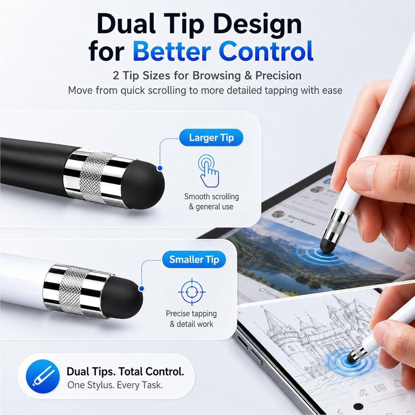 HATOKU 4 Packs Stylus Pen for iPad & Touchscreen Devices, Dual Tip Rubber Styluses, No Bluetooth/No Charging, High