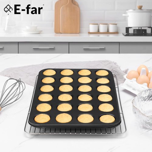 E-far Mini Muffin Pan - 24-Cup Nonstick Carbon Steel Bakeware for Perfect Muffins & Cupcakes | Oven Safe