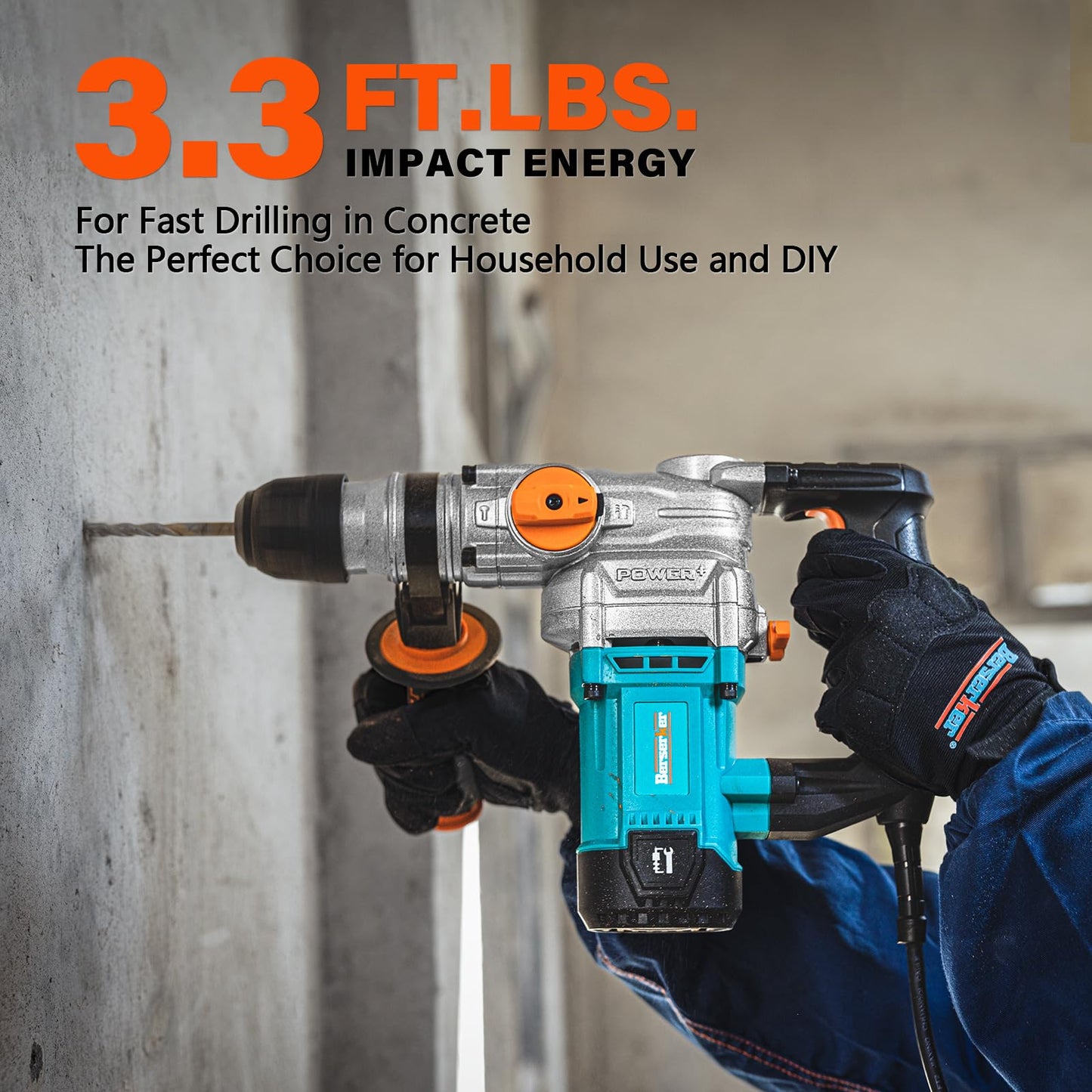 Berserker 1-1/8" SDS-Plus Rotary Hammer Drill with Safety Clutch,9 Amp 3 Functions Corded Rotomartillo for Concrete - Including 3 Drill Bits,Flat Chisel, Point Chisel,Carrying Case