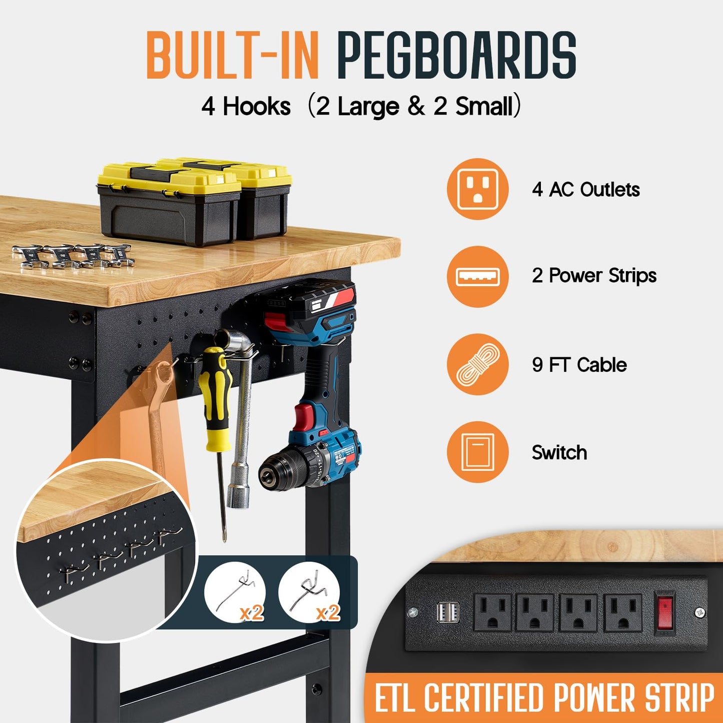 SPECRAFT Adjustable Heavy Duty Workbench with 4 AC Outlet and 2 USB Ports Power Outlets, 2000 Lbs Capacity, Rubber Wood Top for Garage, Workshop, Office