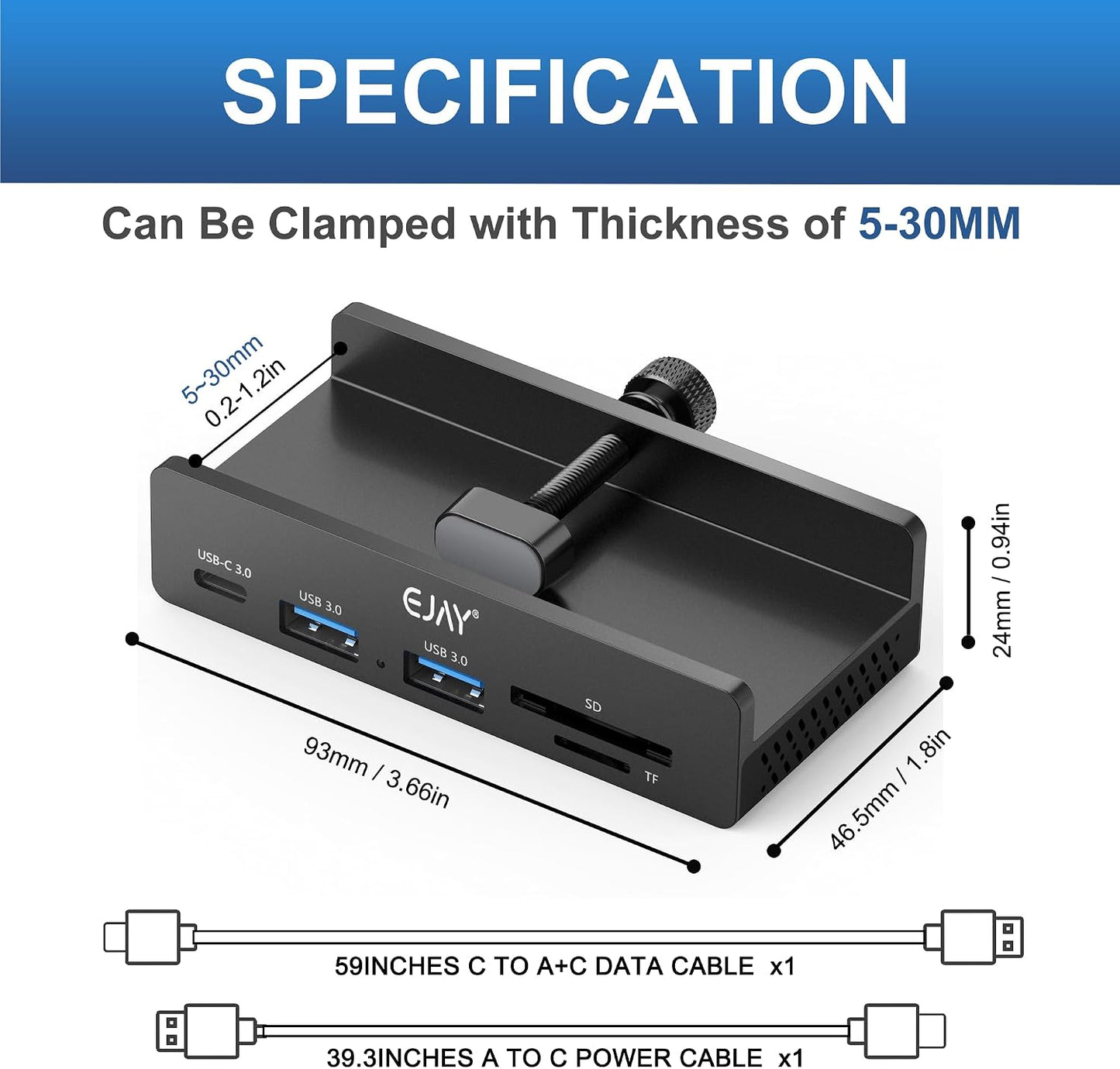 EJAY 5-in-1 59" 5Gbps Clamp USB Hub Desk Mount, Aluminum Mountable USB C Hub with SD/TF Card Reader, Long Cable Under