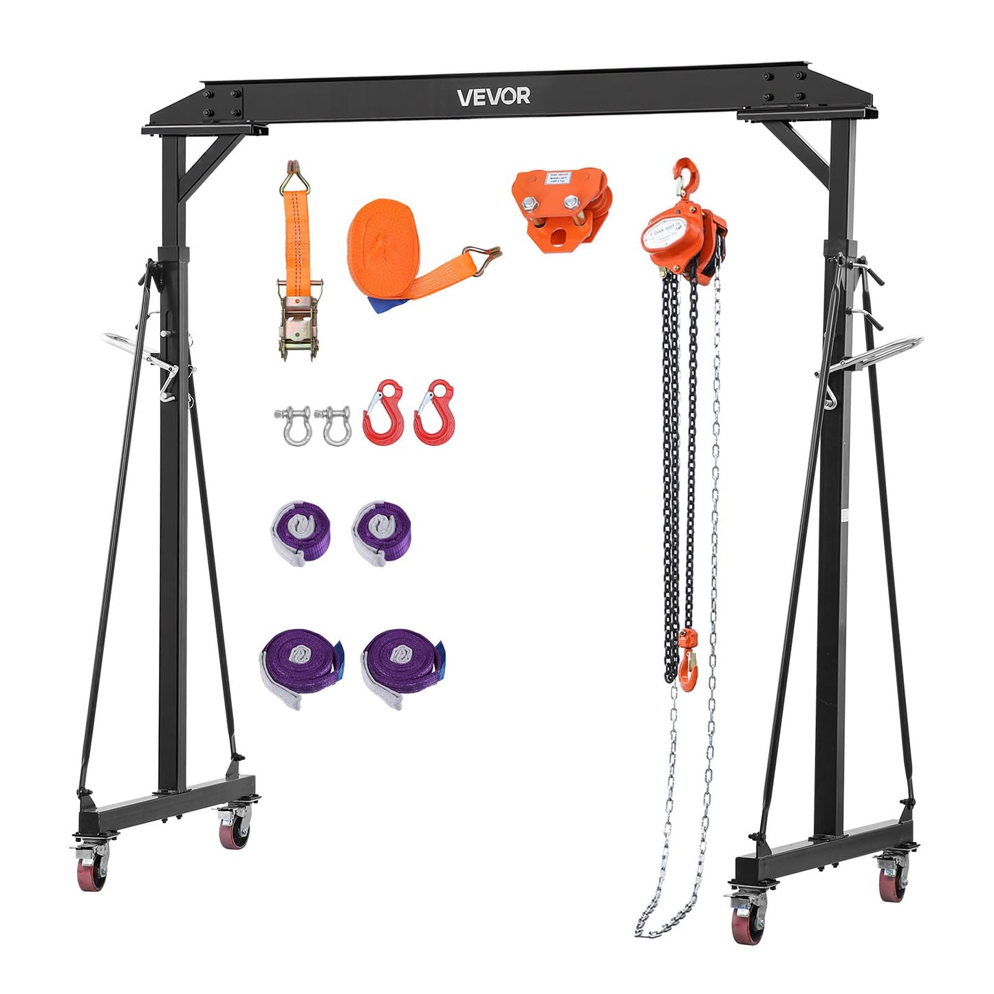 VEVOR Adjustable Gantry Crane, 2200 lbs Capacity, Portable Shop Lift Hoist with 95.7-142.9 in Height Adjustable, Manual Trolley, Hoist, Sling, Shackles, Hooks, for Garage Factory Warehouse Auto Repair