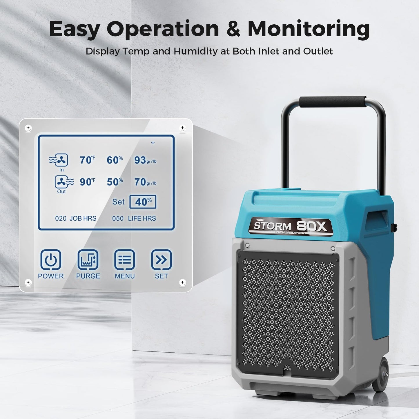 ALORAIR 170 PPD Commercial Dehumidifier with Pump & Drain Hose, LGR Industrial Use, Portable Dehumidifier with Wheels for Water Damage Restore, Carpet Drying, 6-Year Limited Warranty, Storm 80X (Blue)