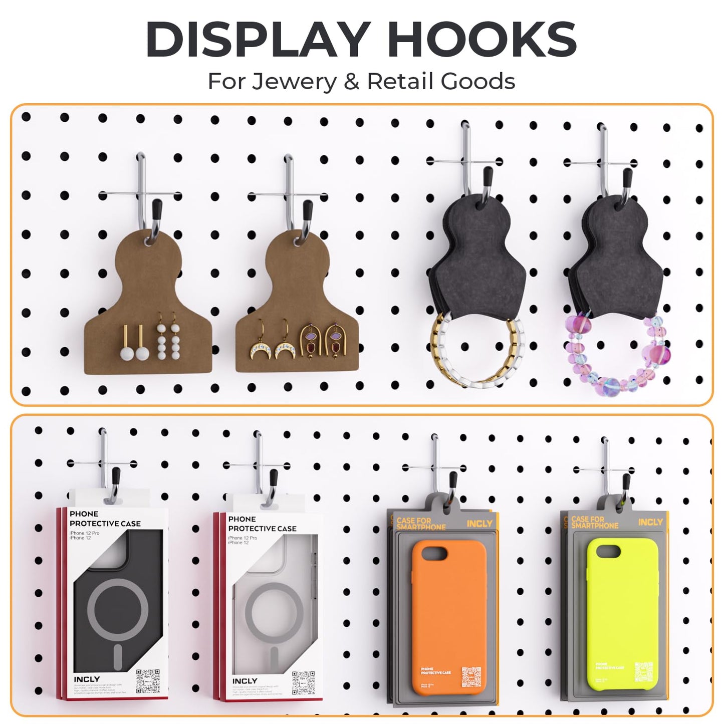 INCLY 1/4" Pegboard J Hooks, 100PCS Heavy Duty Peg Board Hooks Accessories with Peg Locks & Rubber Tipped, Peg Board Tool Hangers Fit 1/4" Pegboard for Wall Hanging Tools or Display Jewelry