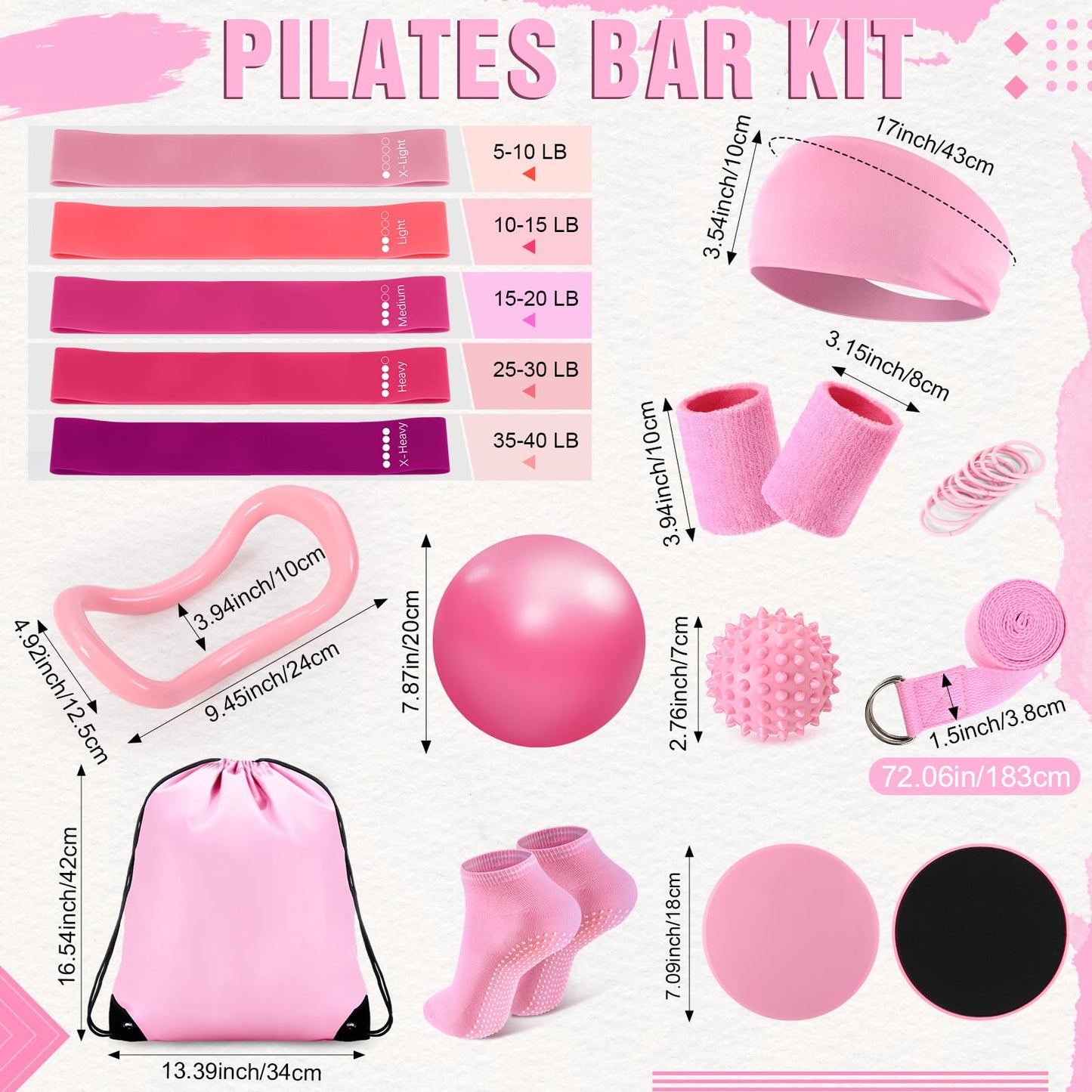 LaRandom Pilates Bar Kit with Resistance Bands Multifunctional Pilates Bar with Metal Adjustment Buckle Portable Storage Bag Yoga Essentials Kit Exercise Equipment for Home Women Gym Workout(Pink)