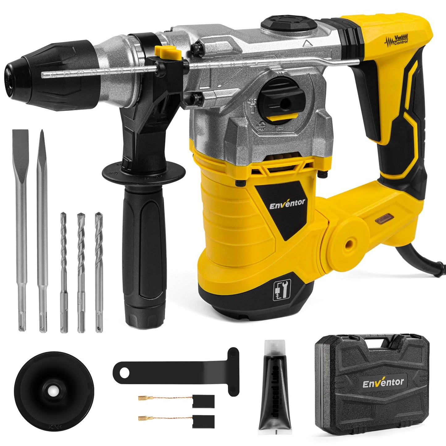 ENVENTOR 1-1/4 Inch SDS-Plus 12.5A Heavy Duty Rotary Hammer Drill for Concrete Stone & Home Tool Kit 220 Pcs