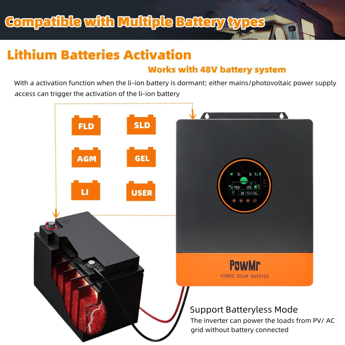 PowMr 5000W Hybrid Solar Inverter 48V DC to 110V/120VAC, 5200W Split Phase Inverter with 100A MPPT Controller, Max. PV Input 6KW 500VDC, For 48V Lead Acid, Li, Batteryless Run [Up to 6 Units Parallel]