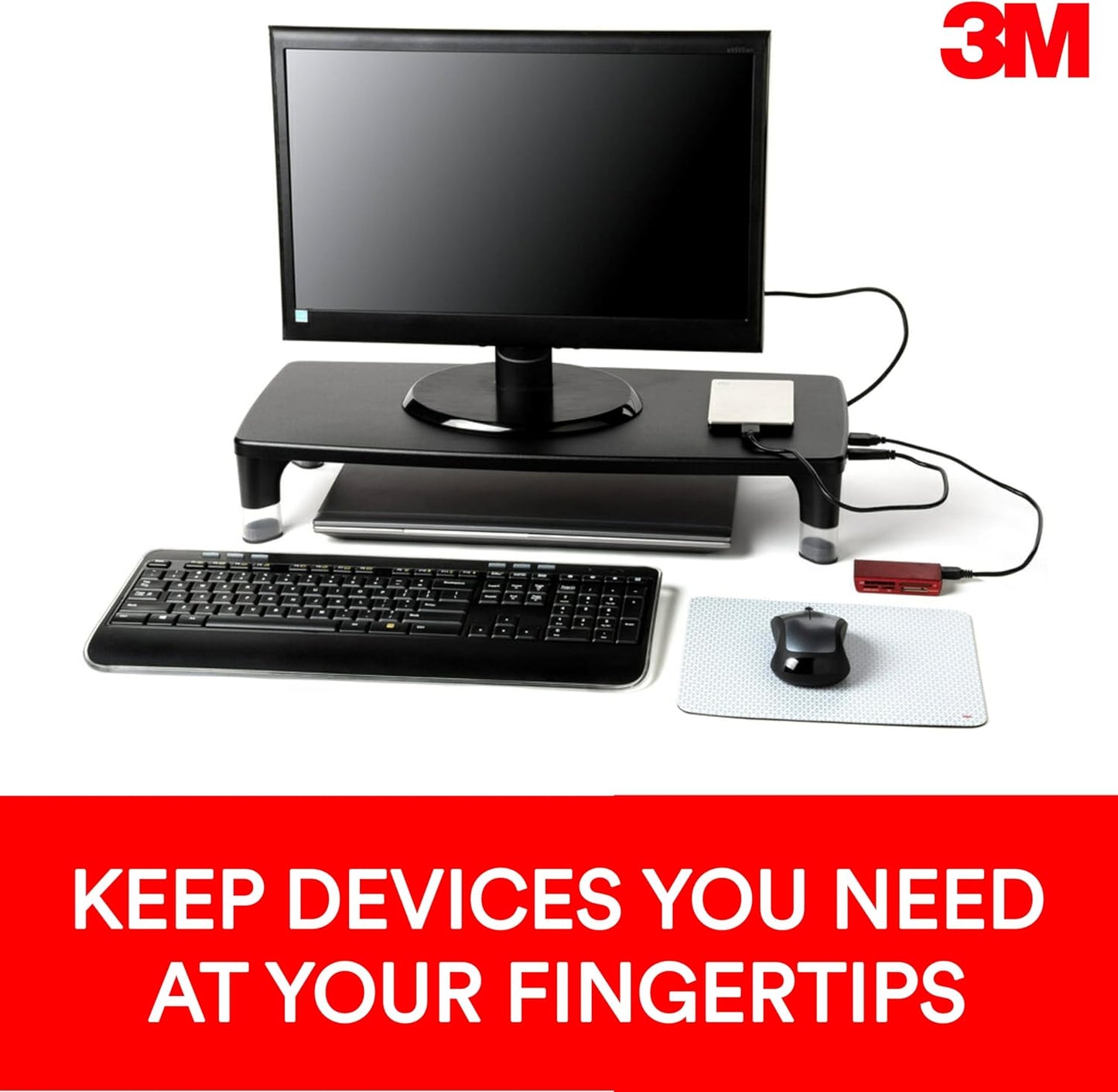 3M 4-Port Adjustable Monitor Stand with USB Hub, Black, Great for Computer Monitors, Laptops, TVs, Speakers, Printers