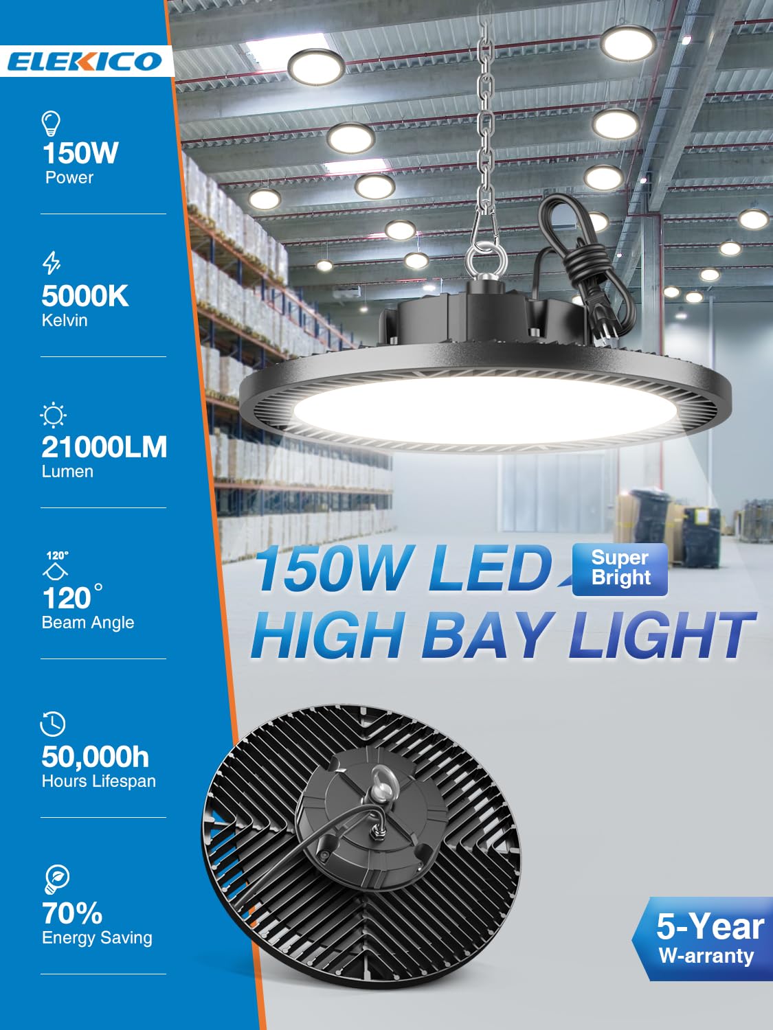ELEKICO Super Bright 22000lm 5000k 150w 10 Pack UFO Led High Bay Shop Lights with 5'Cable 3-Pin Plug Hook Safe Rope for Garage Factory Warehouse Workshop Barn