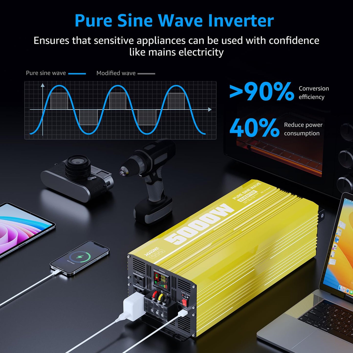 XWJNE 5000W Pure Sine Wave Power Inverter 24V DC to 120V AC Converter with LED Display and Remote Controller for Home, RV, Truck, Off-Grid Solar Power