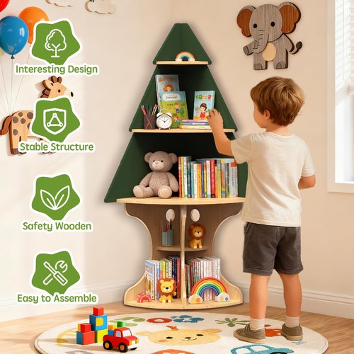 LAKNUAL Bookshelf for Kids, Children Tree-Bookshelf, Space-Saving Montessori Toddler Corner Bookcase for Nursery, Kindergarten, Kids Rooms