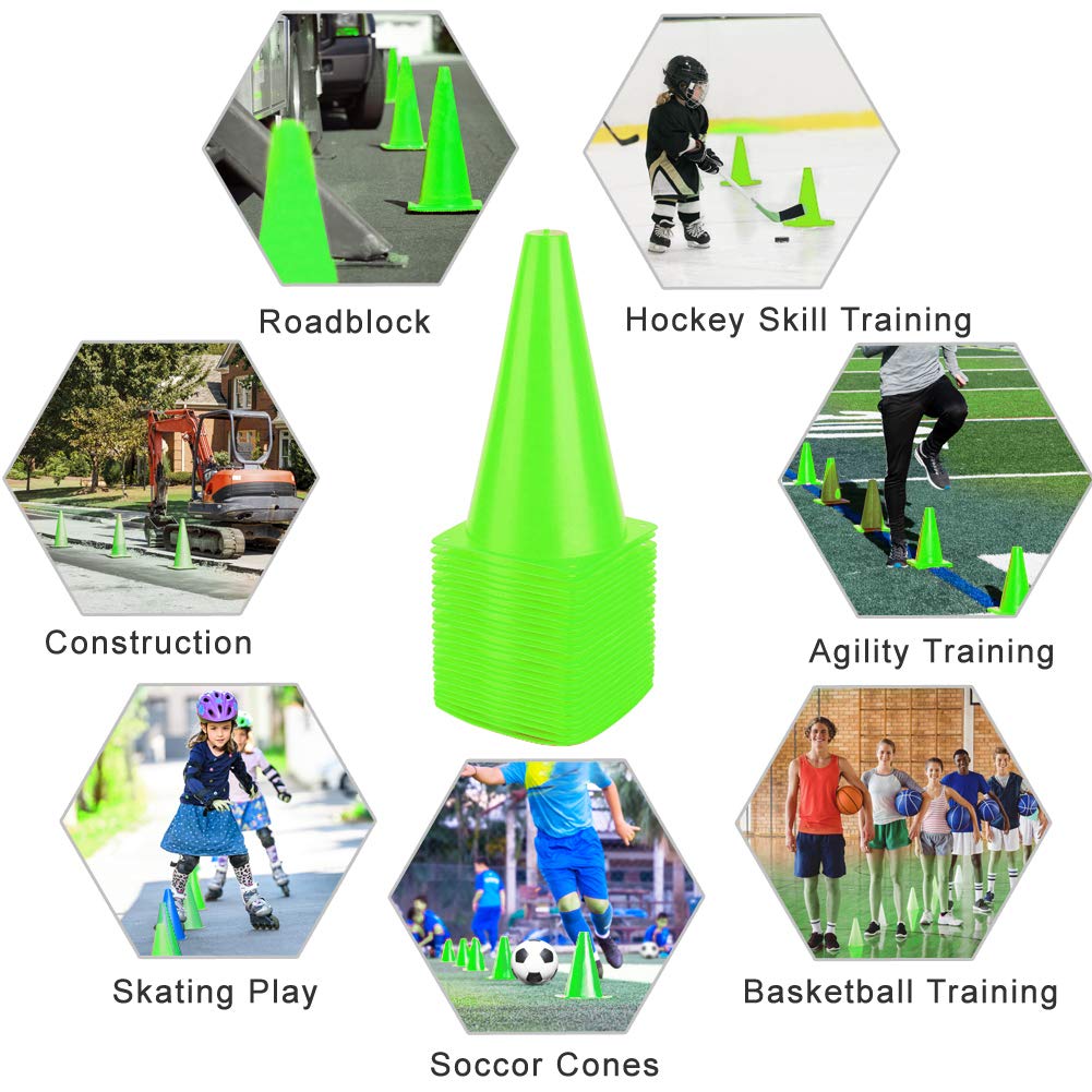 Fragraim 9 Inch Plastic Training Traffic Cones, Sport Cones, Agility Field Marker Cones for Soccer Basketball Football Drills Training, Outdoor Activity or Events - Set of 24, Green