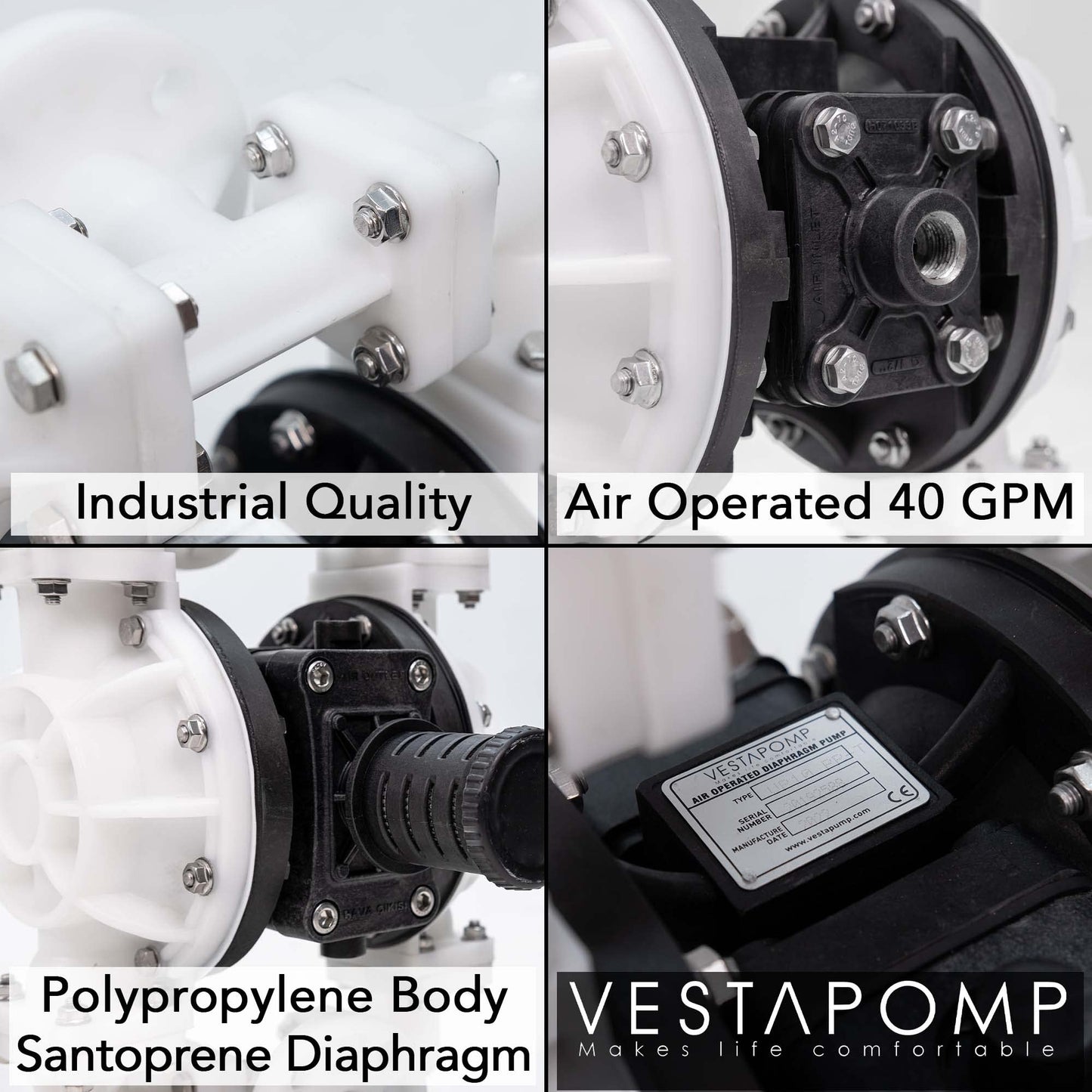 Vestapomp Air Operated Diaphragm Pump - Chemical Transfer - Diaphragm Pump Air - AODD Double Pneumatic Transfer (1" Inch Discharge, Polypropylene Body + Santoprene, 40 GPM, 100 PSI)