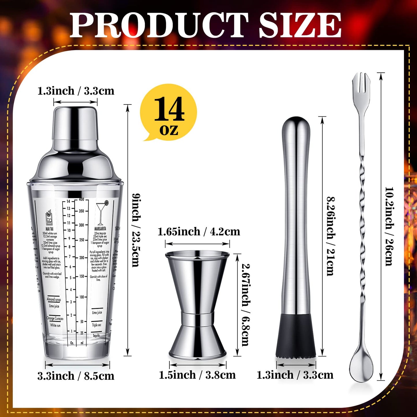 Rtteri 4 Pcs Cocktail Shaker Set 14 oz Martini Glass Shaker Cup Stainless Steel Drink Shaker Tool Margarita Bartender Kit Cocktail Mixers with Measuring Jigger Mixing Spoon for Bar