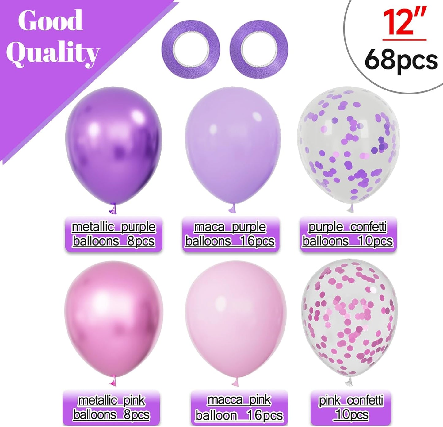 Skiennix 68Pcs Pink & Purple Balloons - 12 Inch Metallic Latex & Confetti Balloons for Parties