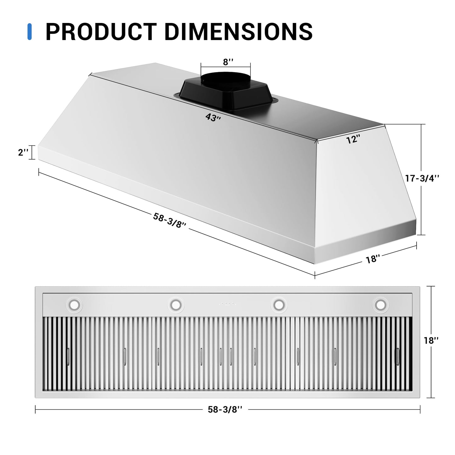60-inch Range Hood Insert, CT Copper Tailor Built-In Vent Hood Ducted with 4-Speed Fan, 1260 CFM, LED Light, Dishwasher-safe Baffle Filter, in Stainless Steel