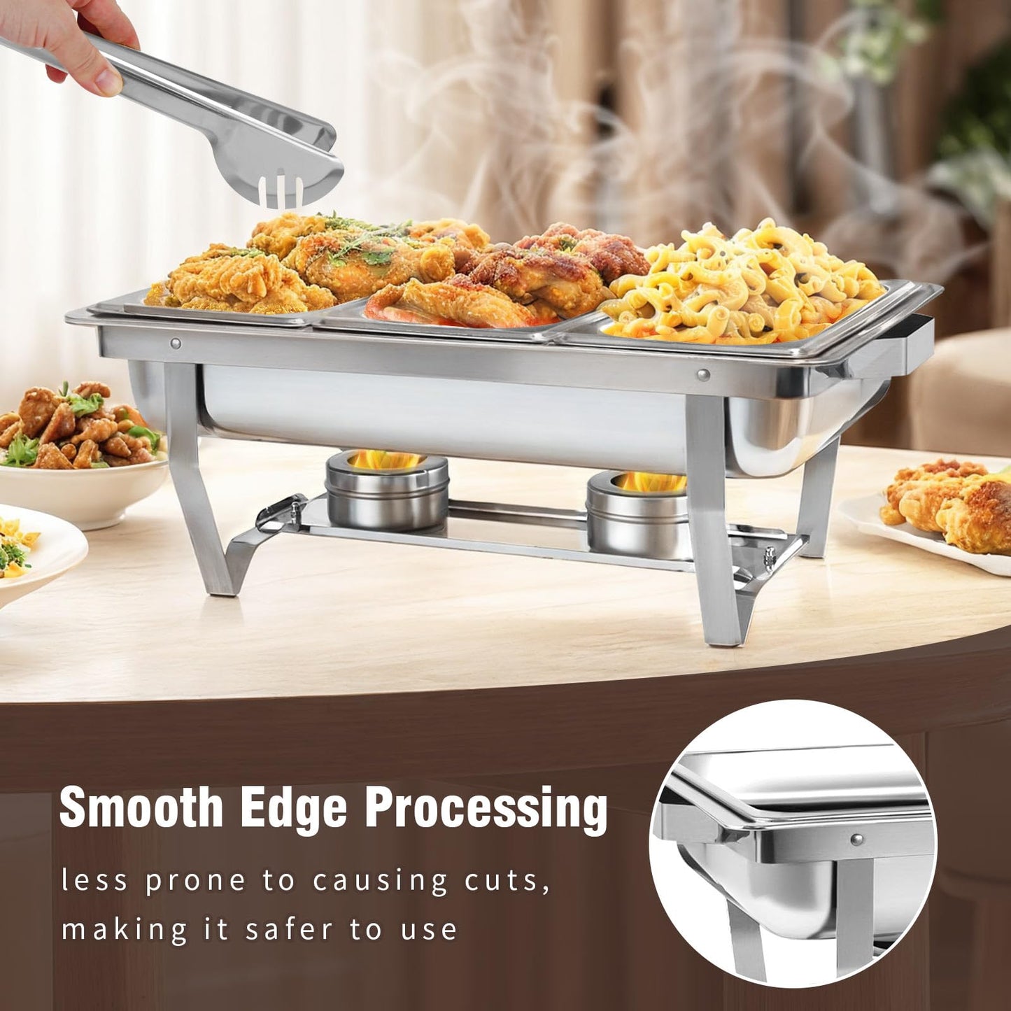 Stelora Chafing Dishes for Buffet, 9 Qt High Grade Chafing Dish Buffet Set, Rolled-Edge Design Food Warmers for Parties, Buffet, Wedding, Birthday, Camping 4 Pack 12 Pans (Silver)
