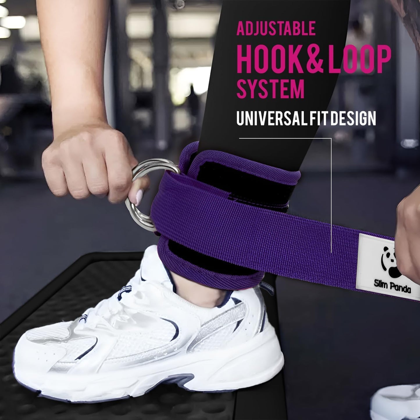 Slim Panda Ankle Strap for Cable Machine,Ankle Cuff for Kickbacks, Booty Hip Abductors,Glute Workouts, Leg Extensions, Curls for Men and Women, Adjustable with Double D-Rings (Purple)
