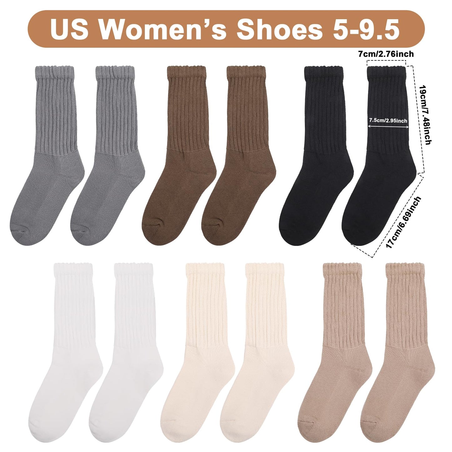 Jspupifip 6 Pairs Slouch Socks for Woman Scrunch Socks Knit Mid Calf Rib Tube Scrunchy Slouchy Retro Trendy Crew Socks