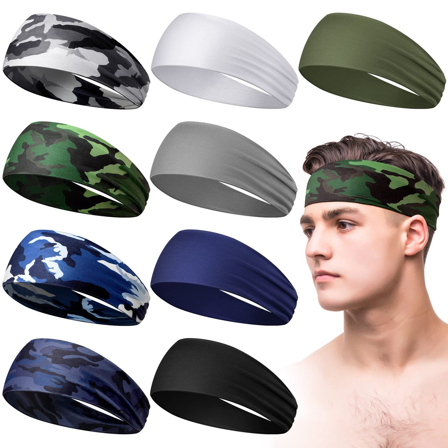 Men's Sweatbands for Workout and Sports: Camo Headband, Sweat-Absorbing Wide Headband for Basketball, Football, Cycling, Running, Yoga - 4.7 x 9.8 Inch (Delicate Style)