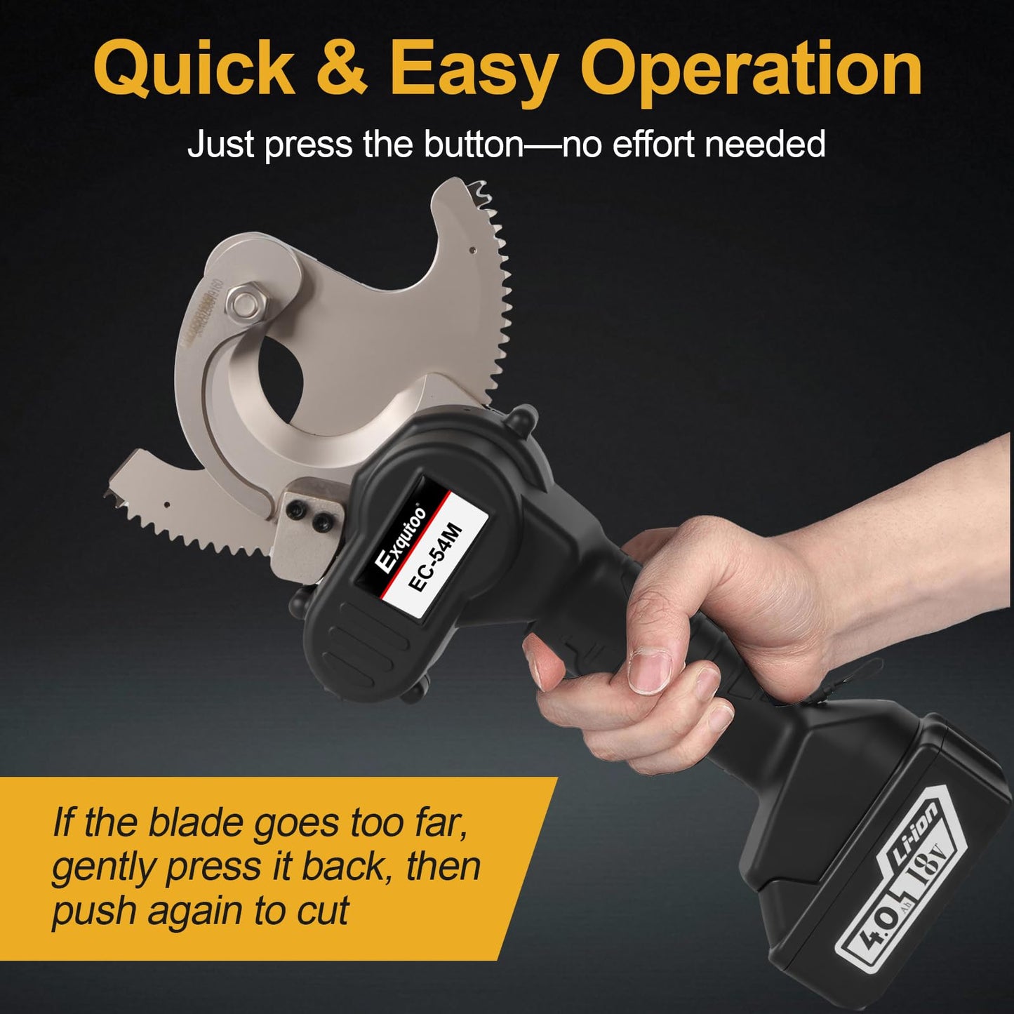 Exqutoo Cable Cutting Tool Kit, 18VDC 54mm Cordless ACSR Cable Cutter, Ratcheting Cable Cutter, 2 4Ah Lithium-Ion Batteries & Battery Charger Included