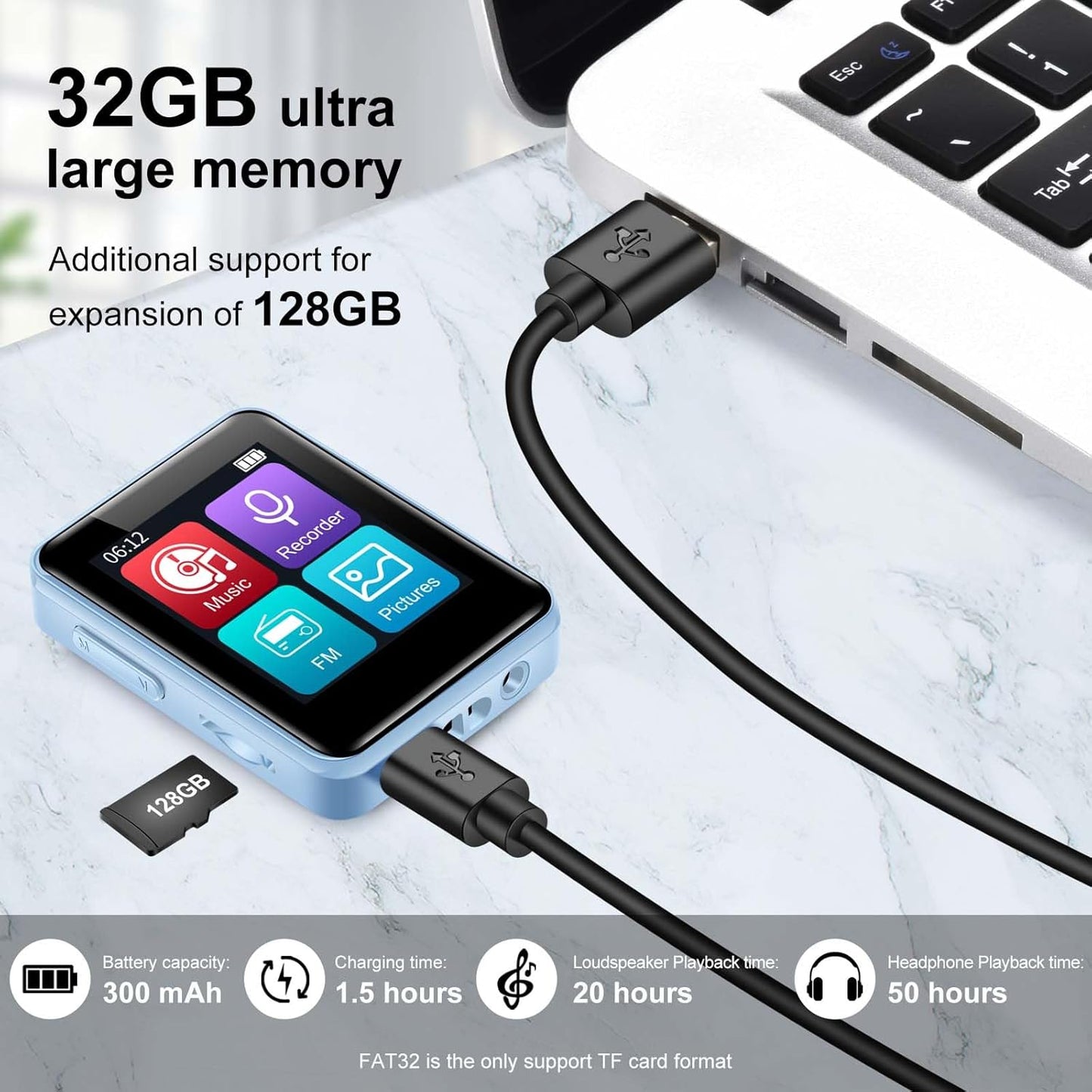 woolynew 32GB MP3 1.8 inch 512GB, Player with Bluetooth, Screen, with FM Radio, Recorder, Portable Sport HiFi Music