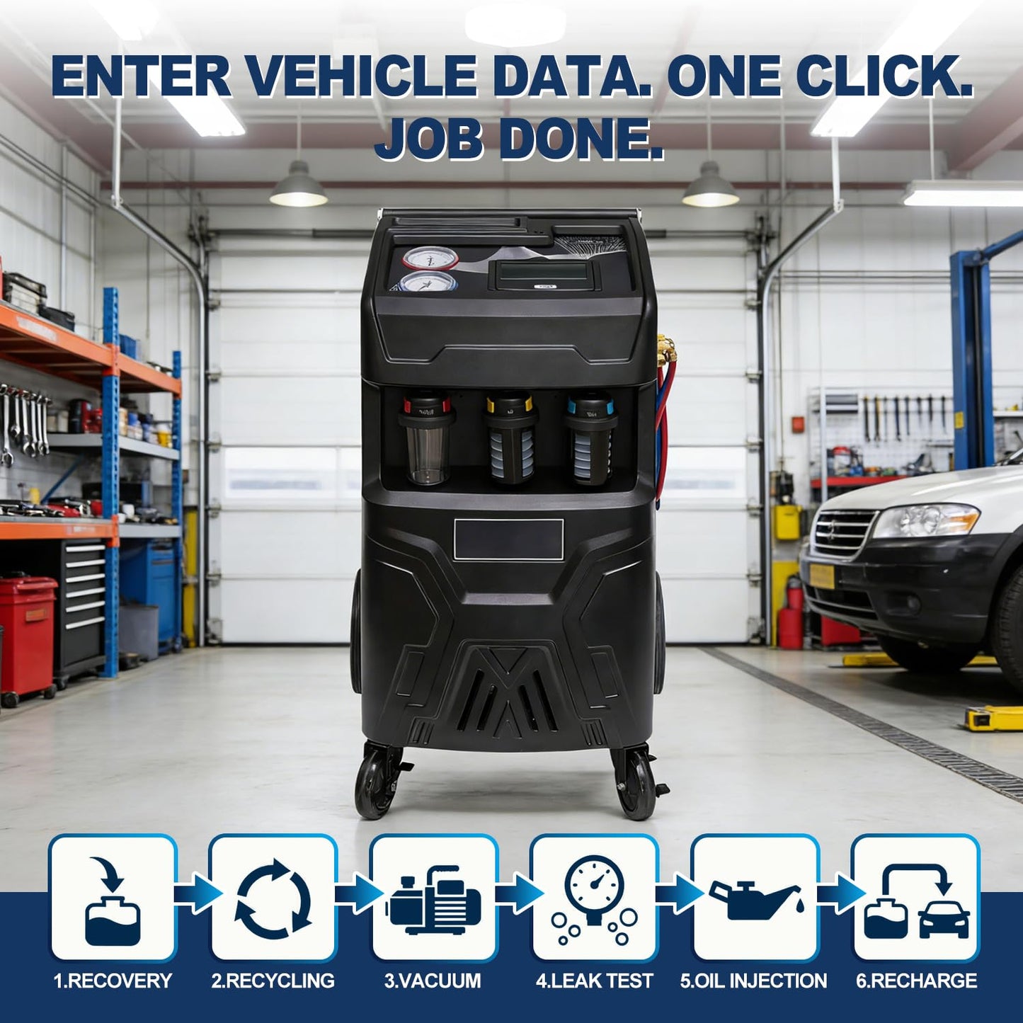 MutsMover Fully Automatic R134a or R1234yf Refrigerant Recovery Recycling and Recharge Machine, Touch Screen AC Service Unit w/Vacuum Pump, Leak Test, Oil Injection, for Automotive A/C Systems