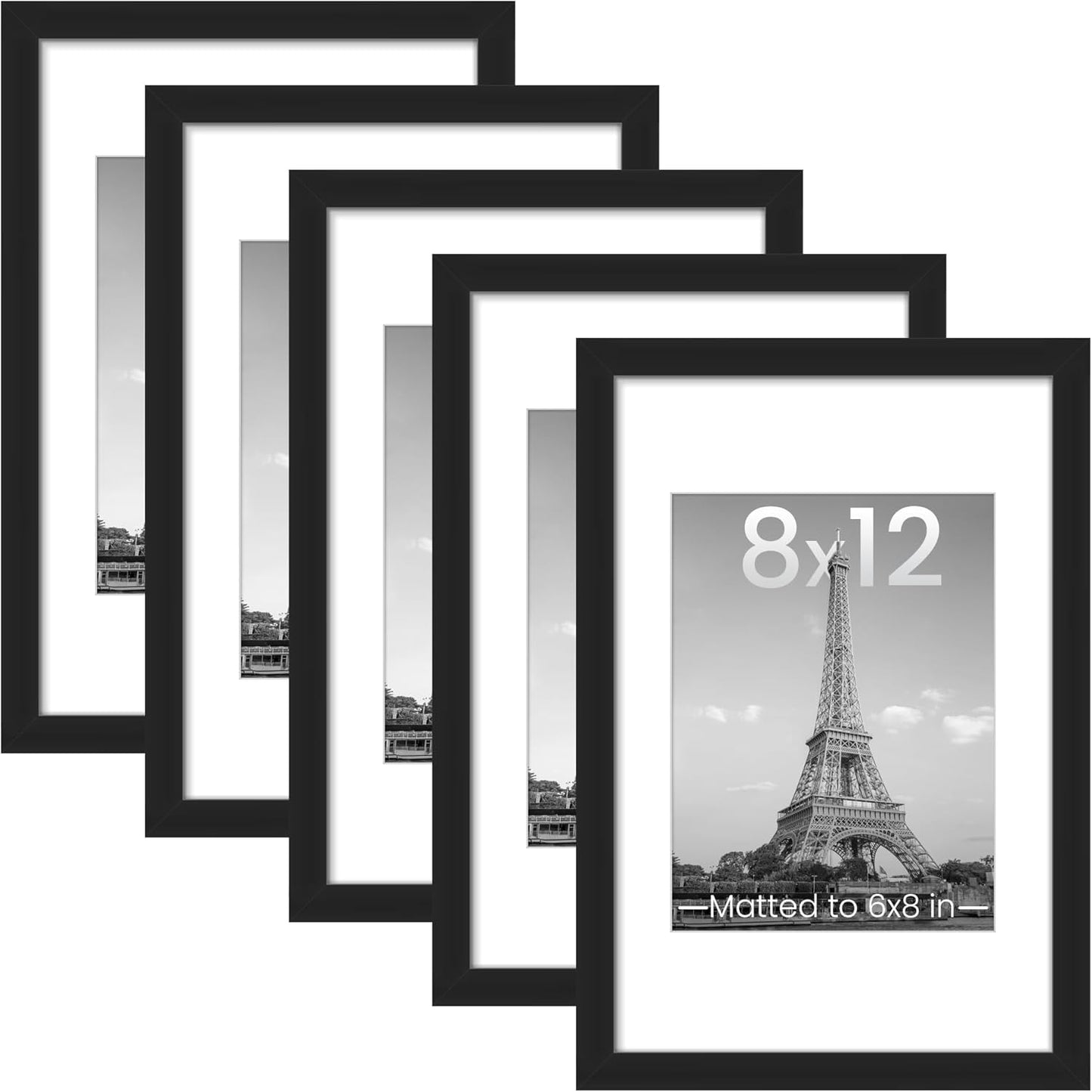 Upsimples 8x12 Picture Frame Set of 5 - Versatile Wall Gallery Frames for 6x8 or 8x12 Photos - Black