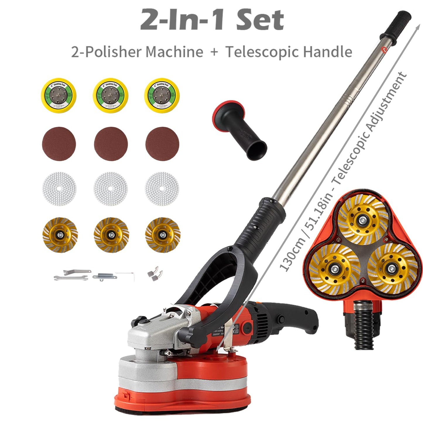 Electric Diamond Polisher Machine+Telescopic Rod 3800W 6 Speed Gears Triple Head Concrete Diamond Grinder for Metal,Stone,Cement Brick Surface Grinding,Epoxy Resin Removal Rock Granite