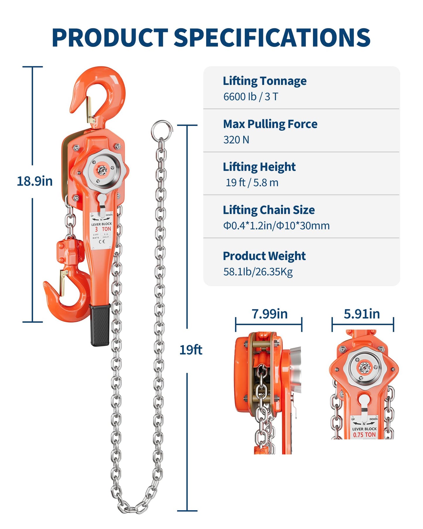 Manual Lever Chain Hoist 3 Ton 6600 lbs Capacity, 20FT Come Along with G80 Galvanized Steel Chain, Weston Double Pawl Safety Brake, 360° Swivel Hook for Garage, Factory, Dock, Construction