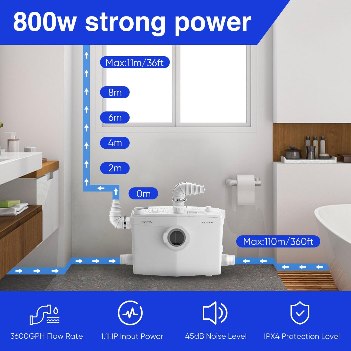 Macerating Toilet with Pump–Upflush Toilet System for Basement/Attic, 4 Water Inlets & AC Vent, 36ft Vertical Lift, Dual Flush, Easy Install,16.9" Skirted Toilet