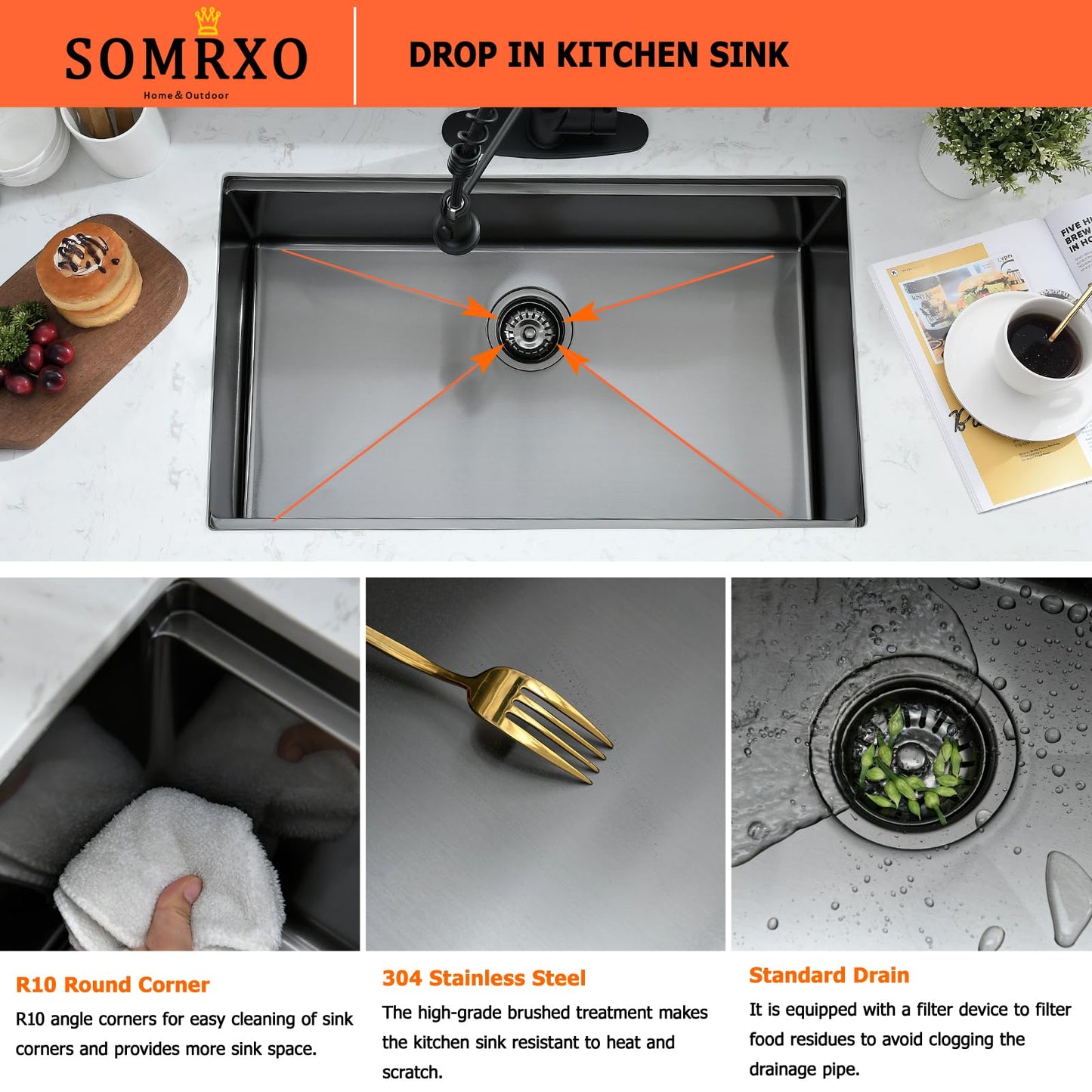 SOMRXO 28 Inch Undermount Kitchen Sink Black - 16 Gauge Black Satainless Steel Kitchen Sink Undermount 28x18,10 Inch Deep Single Bowl Workstation Sinks with Accessories