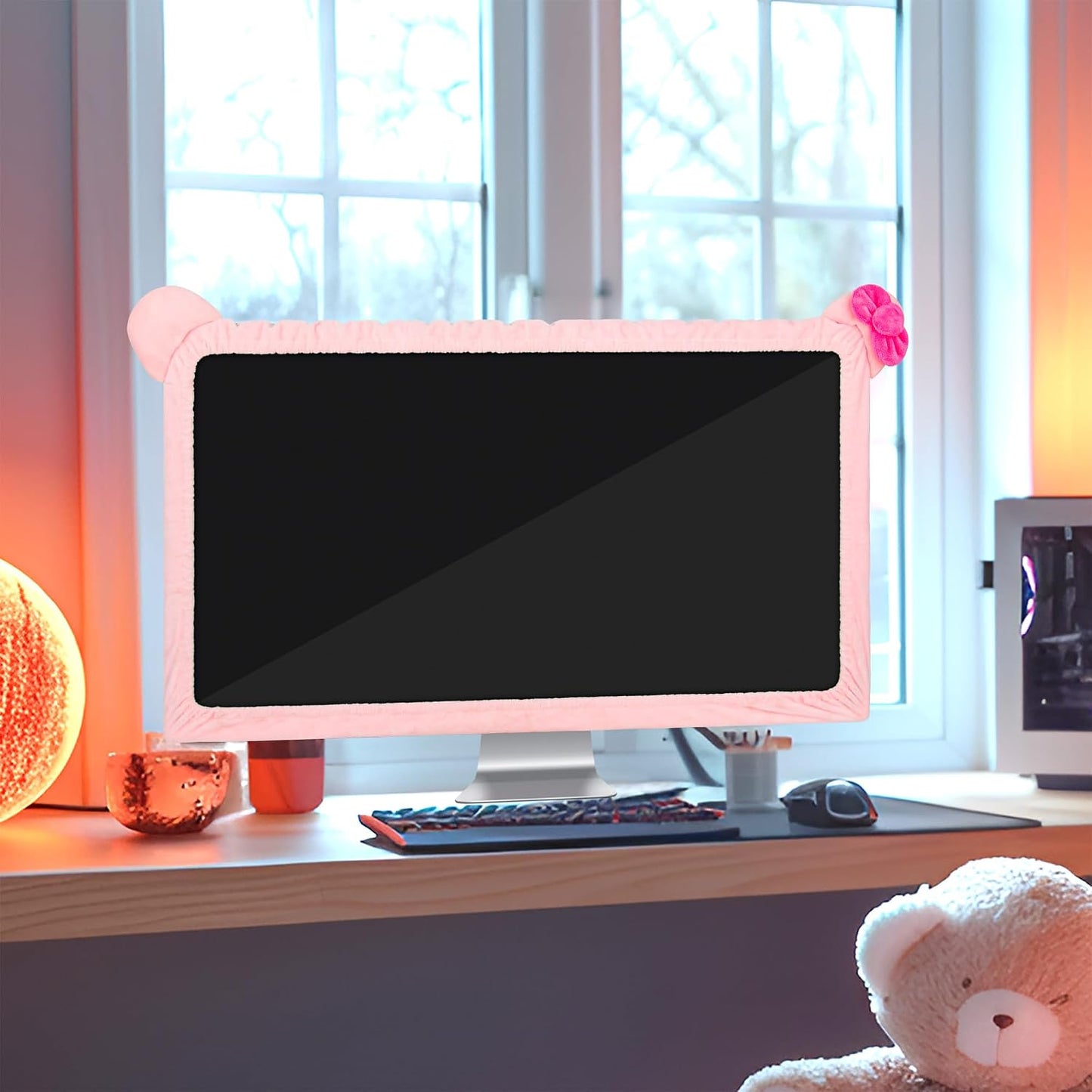 22"-27" Lovely Cute Computer Monitor Cover with Cat Ear Design, Kawaii Display Dust Cover with Furry Design, Elastic