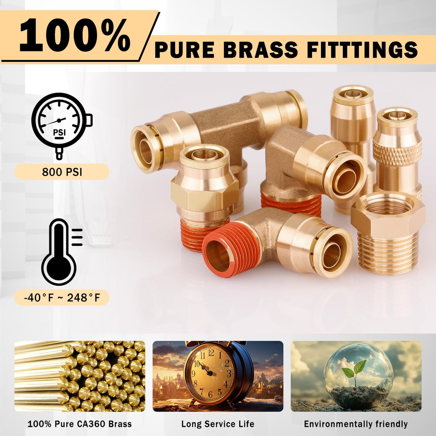 CheeMuii 100 PCS Brass DOT Air Line Fittings with 3 Roll 50FT 1/4" 3/8" 1/2" DOT Air Lines Kit Push Lock Air Fitting Quick Connect Air Fittings with Air Hose Pneumatic Tubing