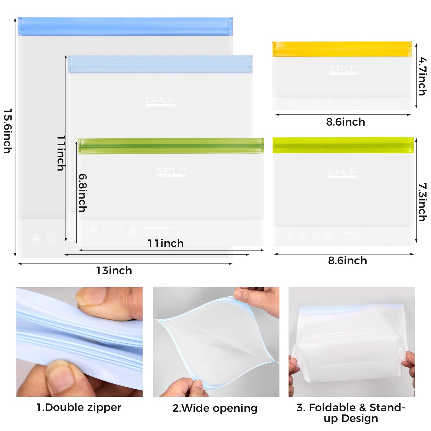 SPLF 10 Pack Stand-Up Reusable Food Storage Bags Dishwasher Safe, BPA Free Reusable Freezer Bags, Extra Thick Leakproof for Meal Prep, Sandwich, Bread, Veggies - 3 Gallon 4 Quart 3 Snack