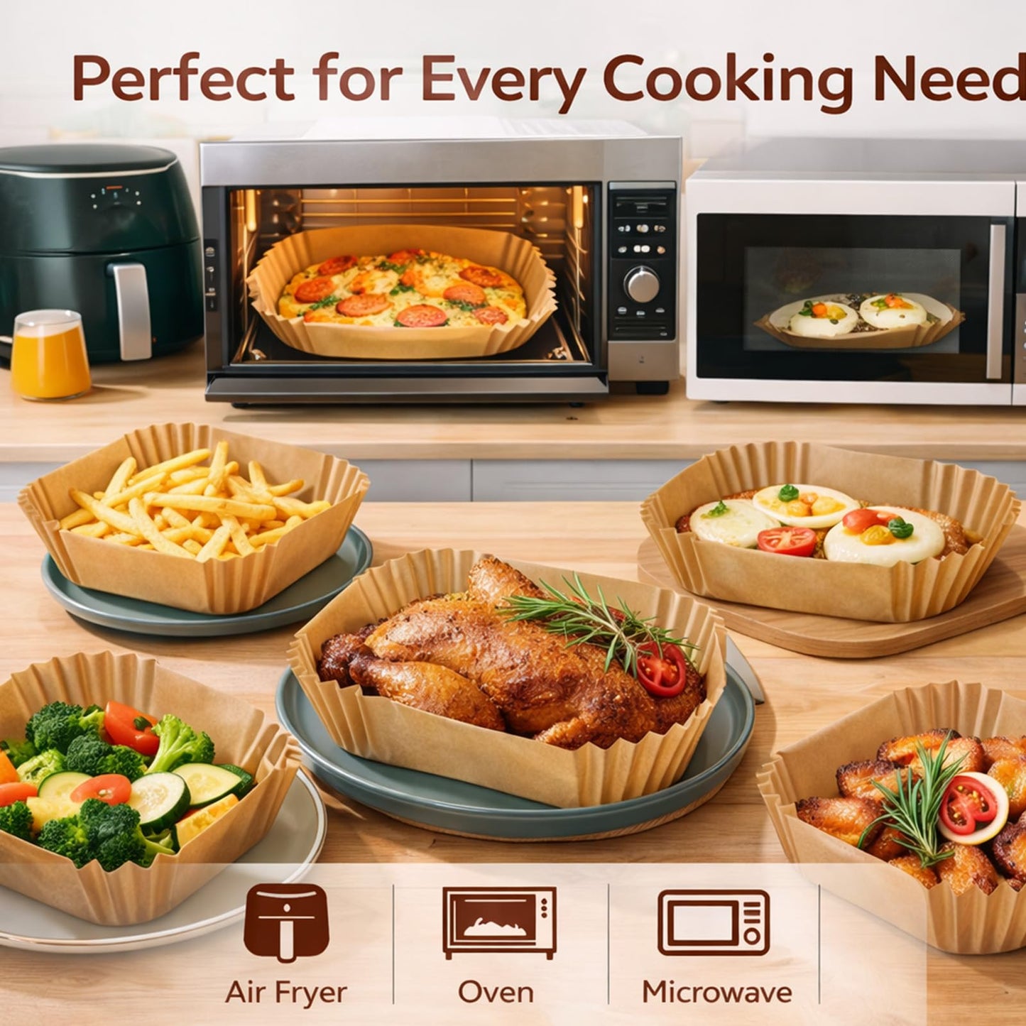 Air Fryer Paper Liners - 50PCS Square 8-inch Parchment Paper for 5-8QT Air Fryers, Non-Stick, Heat-Resistant to 450°F, Oil-Proof, Easy Cleanup, Food Safe