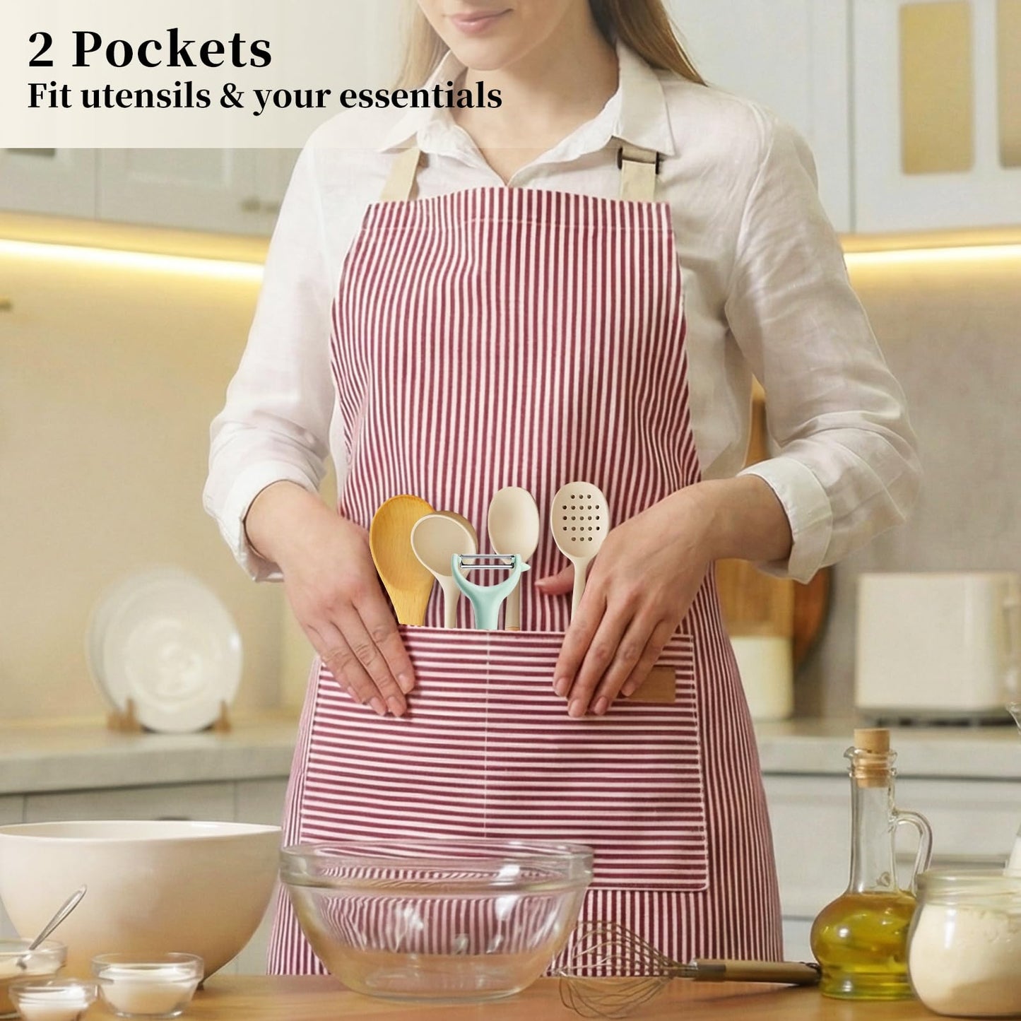 ARBINSON 2 Pack Cooking Aprons Adjustable Bib Apron for Women with 2 Pockets, Kitchen Restaurant Men Chefs Aprons (Pink/Beige Stripes)