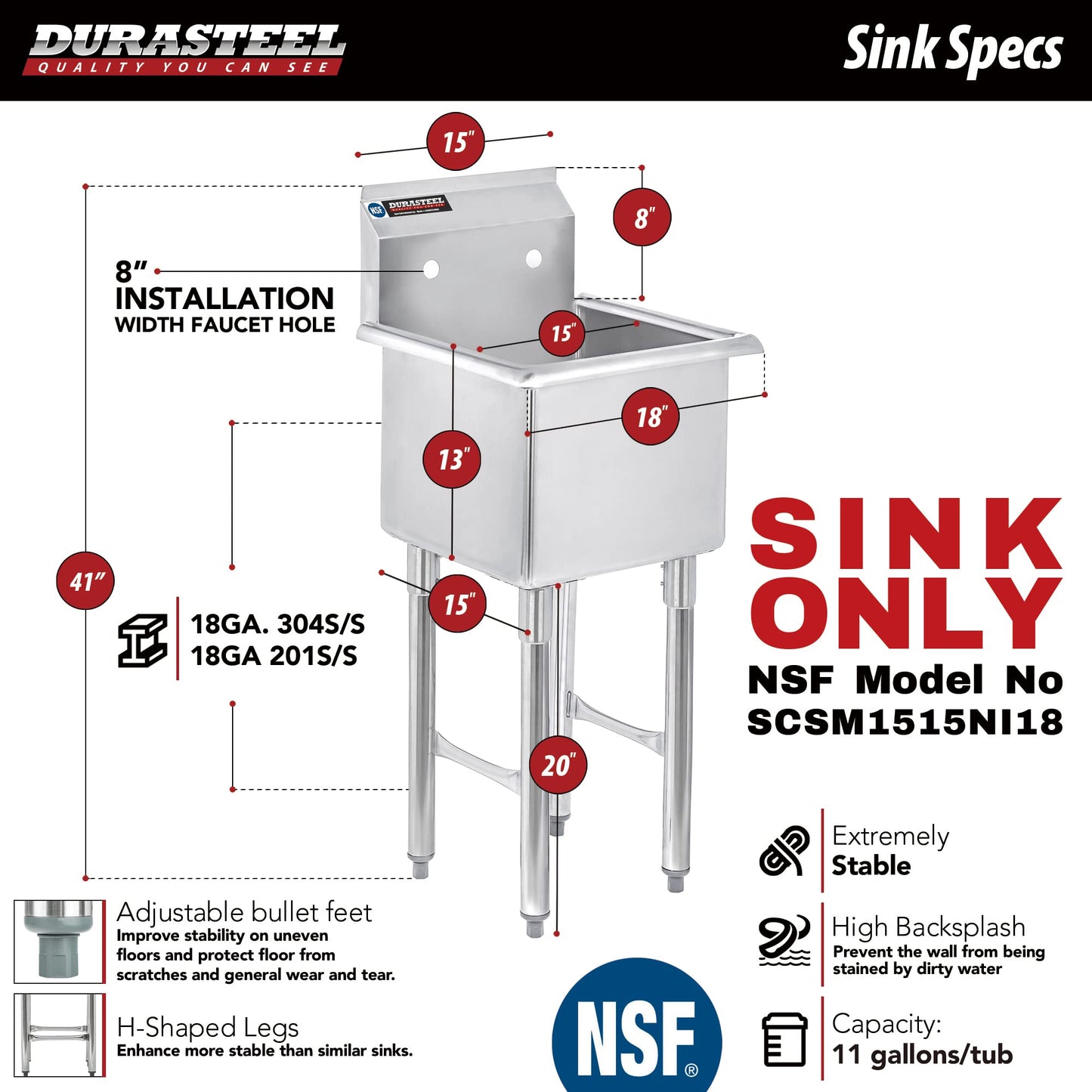 DuraSteel 304 Commercial Stainless Steel Utility Sink - 15 Inch Tub Freestanding Prep Kitchen Sink - NSF Hand Wash Station for Kitchen Sinks, Outdoor, Laundry Room, Garage Slop Small Kitchenette