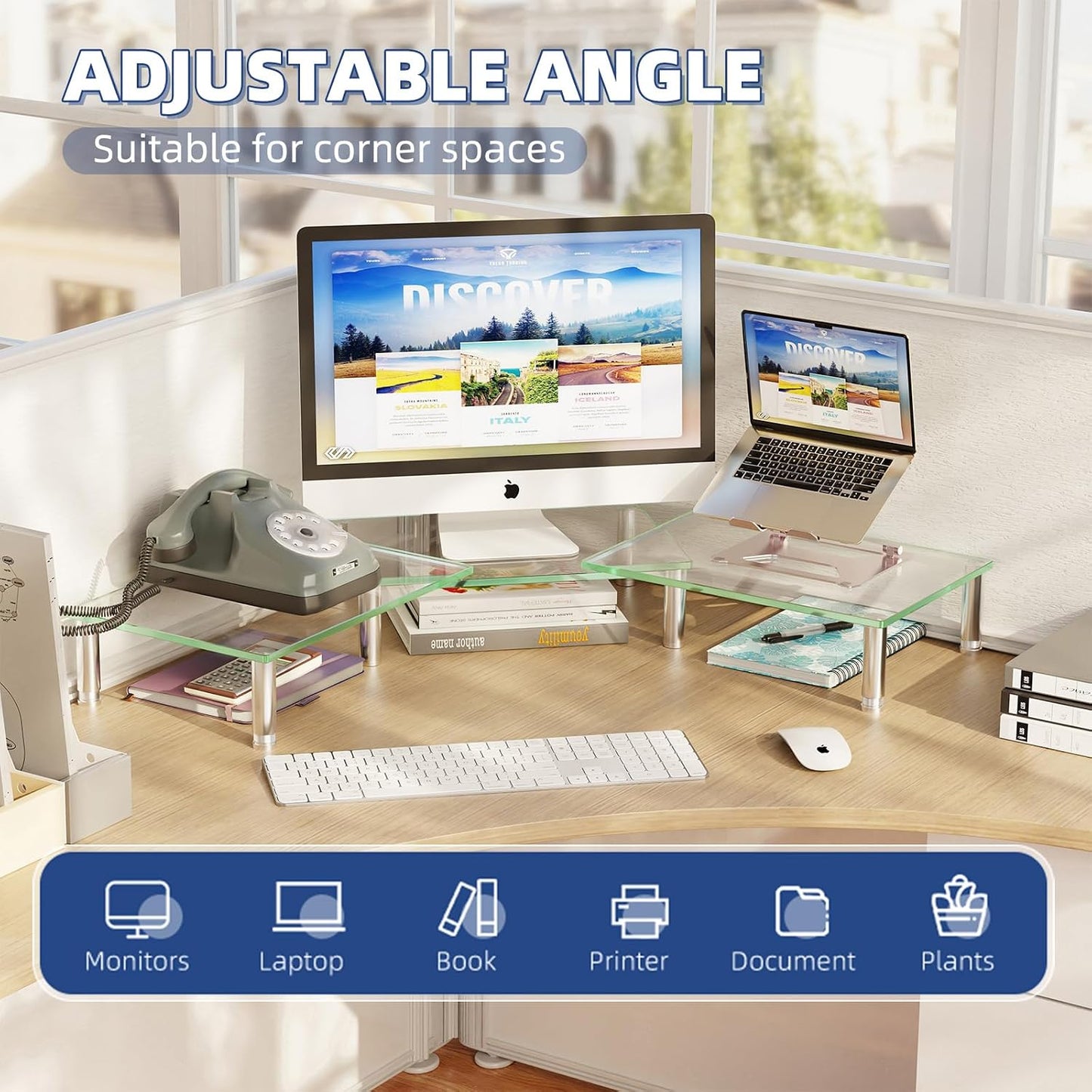 2 Simple Trending Dual Monitor Stand Riser, Computer Office Desktop Organizer for Monitors with Tempered Glass