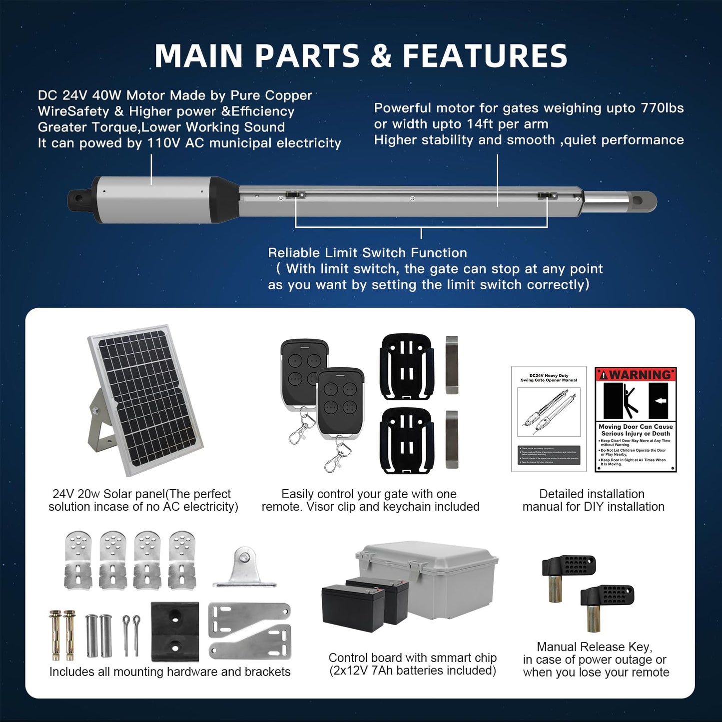 X X-HOUSE C05 Automatic Gate Opener with Solar Panel & Batteries for Light to Medium Duty Dual Swing Gates Up to 770lb per Arm Electric Gate Opener with 2 Remotes Complete Kit Solar Powered