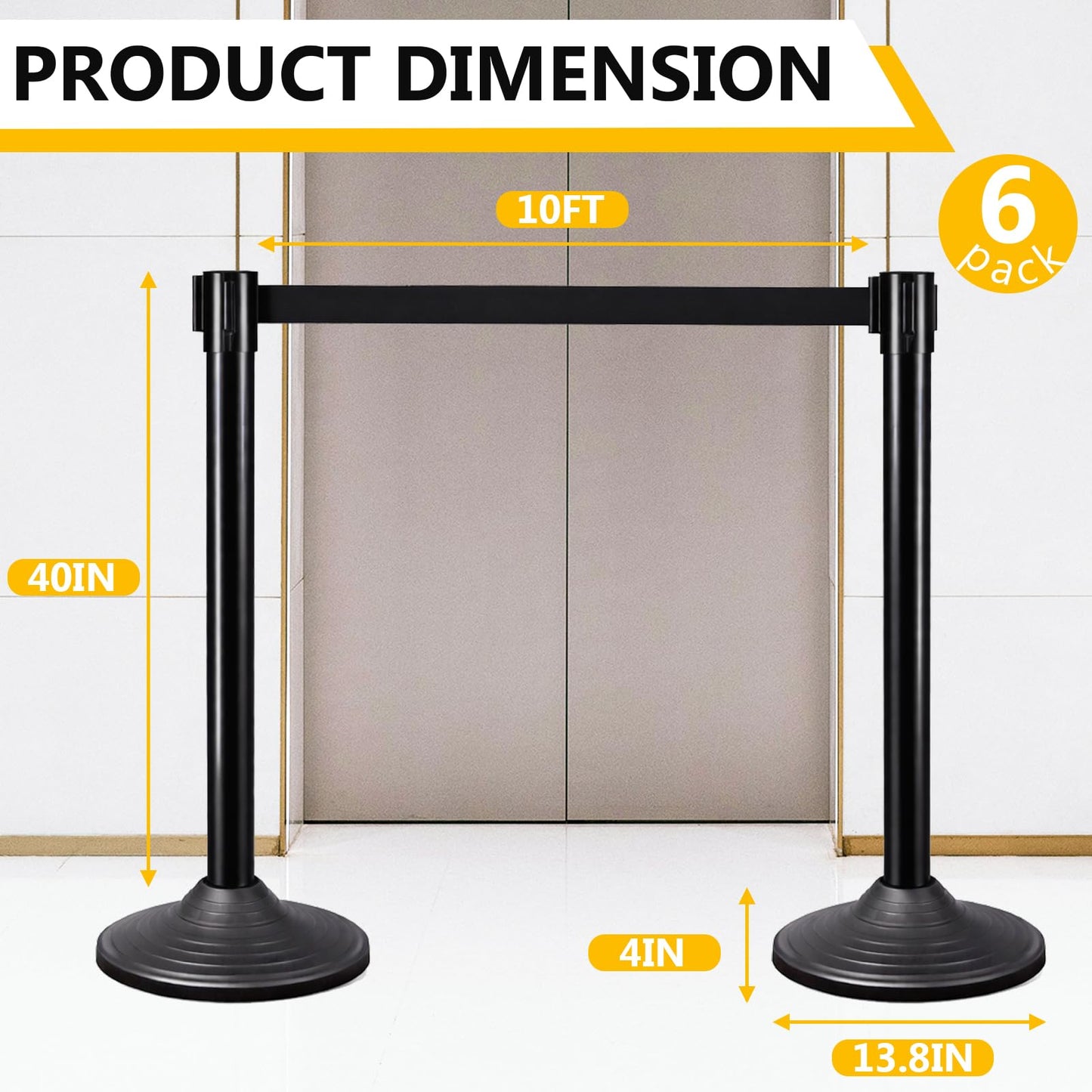 6PACK BESEA Crowd Control Stanchions Set Heavy Duty Crowd Control Barriers with 10' FEET Black Retractable Belt, Rubber Base(6PACK)