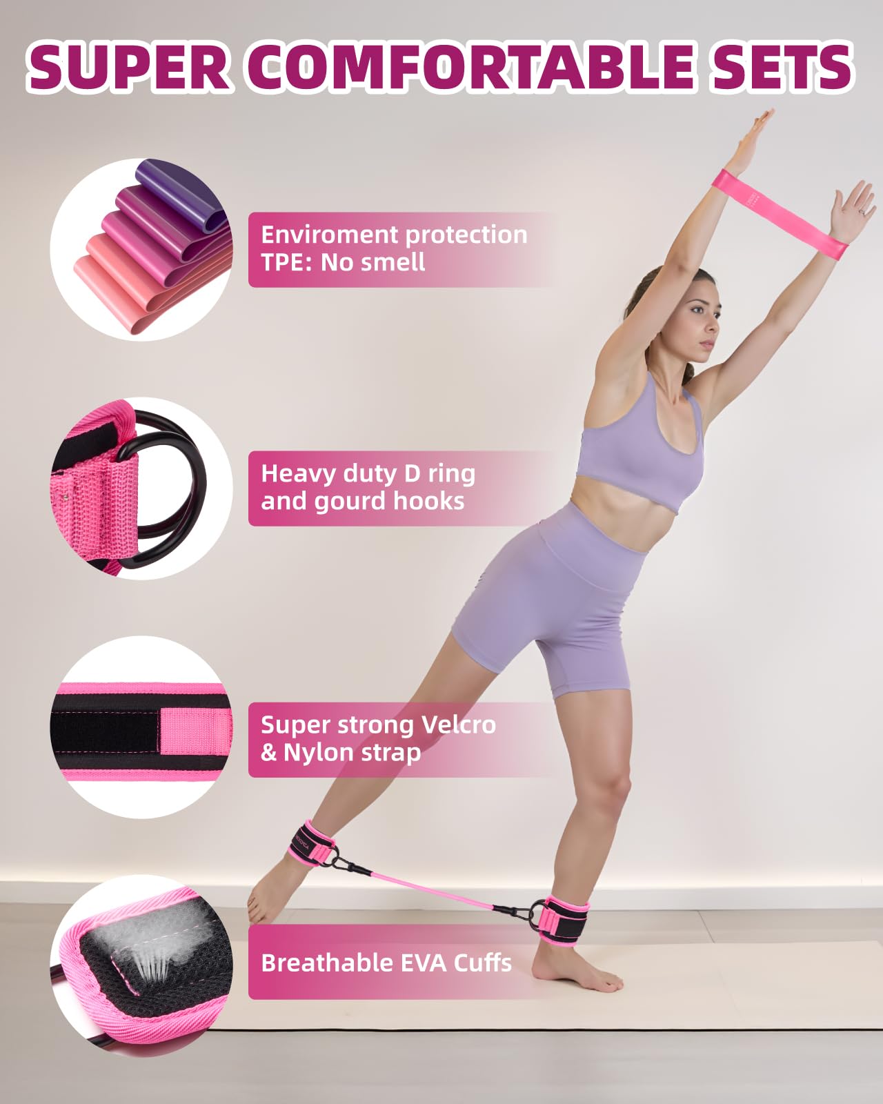 Resistance Bands Set – Resistance Band and Adjustable Ankle Exercise Bands with Cuffs Great Equipment for Training, Working Out, Yoga,Home Gym with Training Guidance & Carry Bag,Set of 8 - Pink